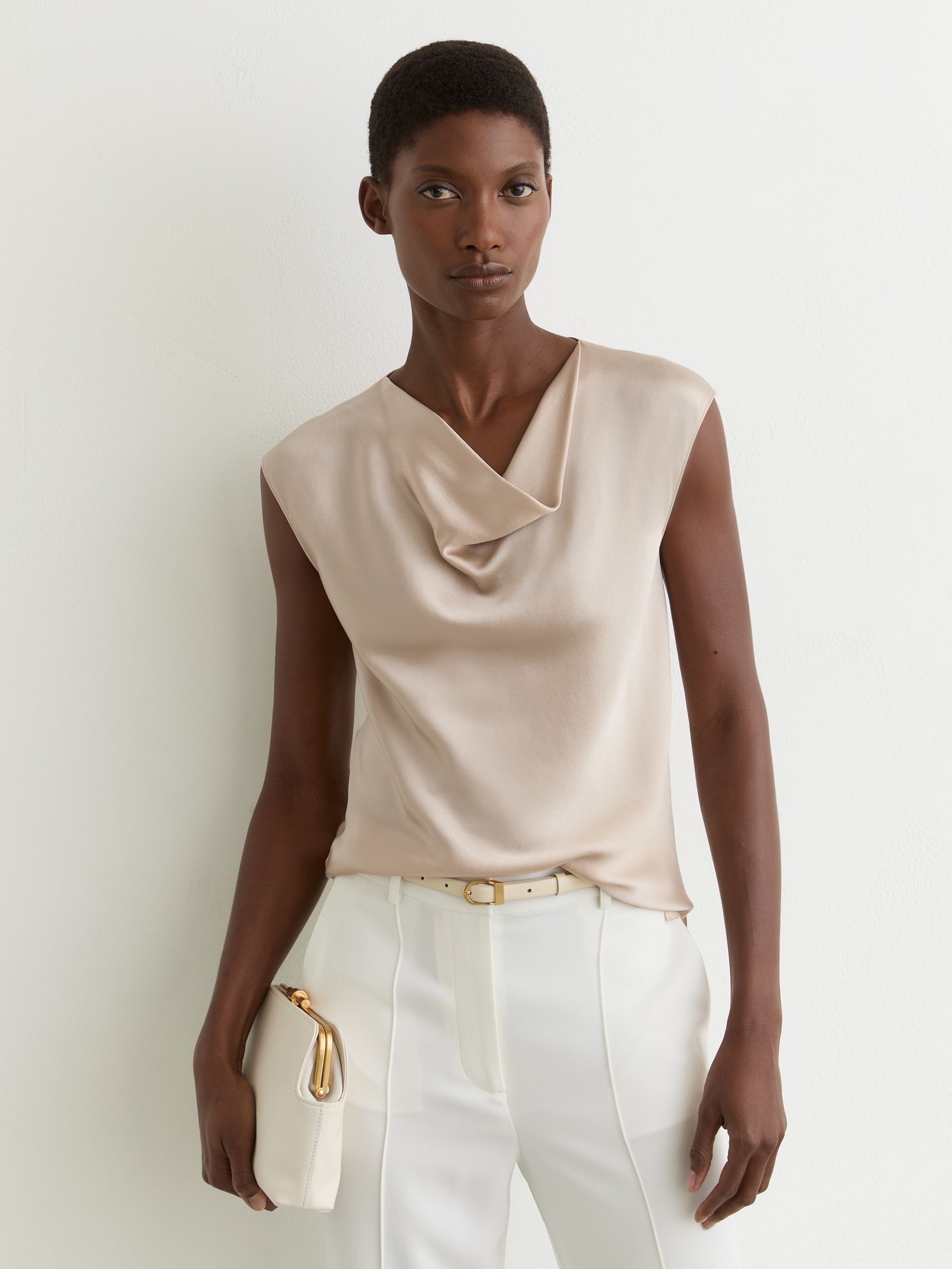 Silk Cowl-Neck Sleeveless Top in Champagne Neutral - image 2