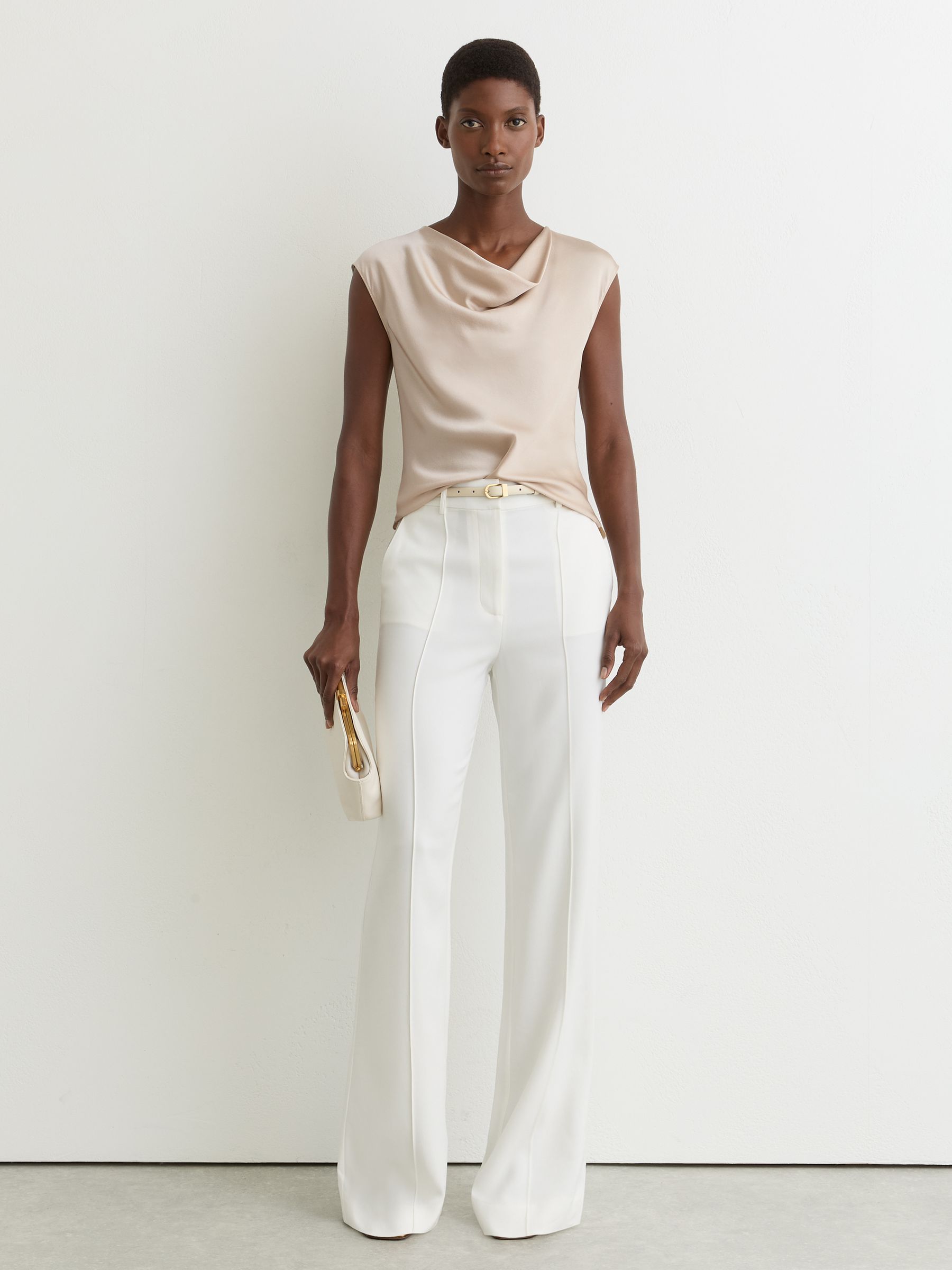 Silk Cowl-Neck Sleeveless Top in Champagne Neutral - Image 3 of 6