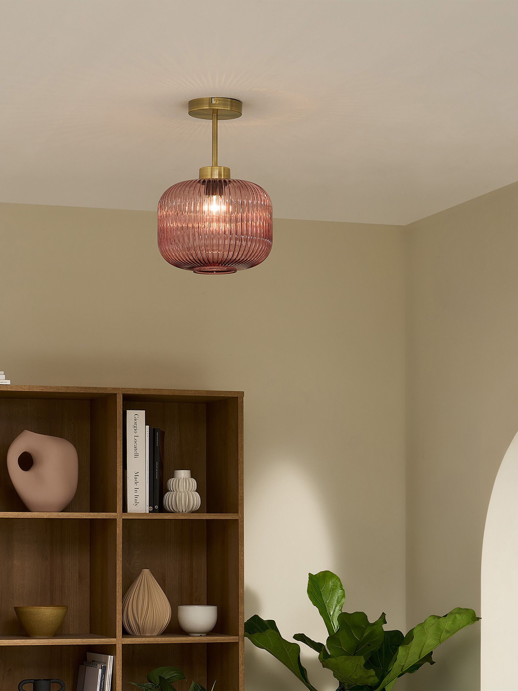 Briz Ribbed Glass Flush Fitting Ceiling Light in Pink - Image 1 of 3