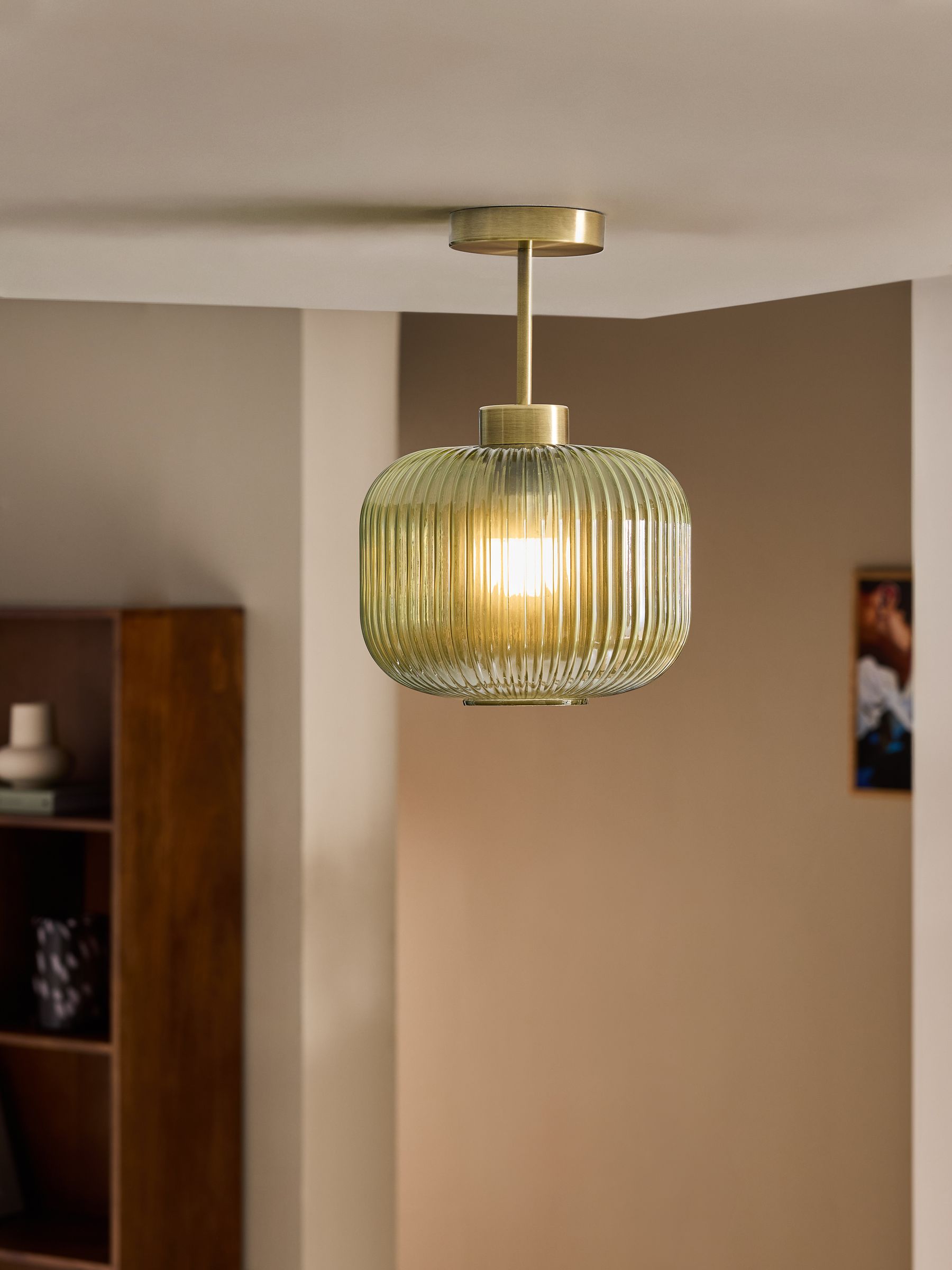 Briz Ribbed Glass Flush Fitting Ceiling Light in Green - Image 1 of 5