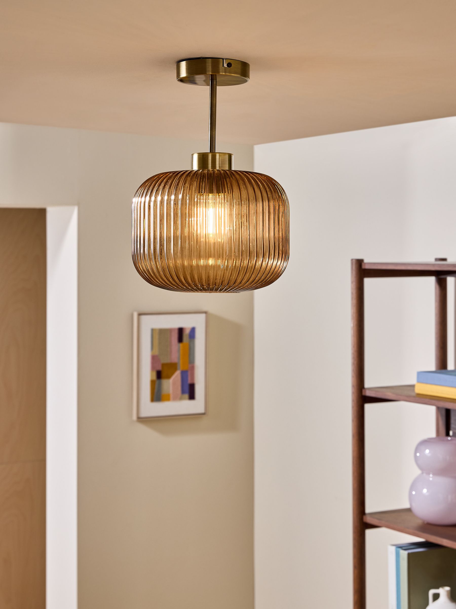Briz Ribbed Glass Flush Fitting Ceiling Light in Amber Brown - Image 1 of 6