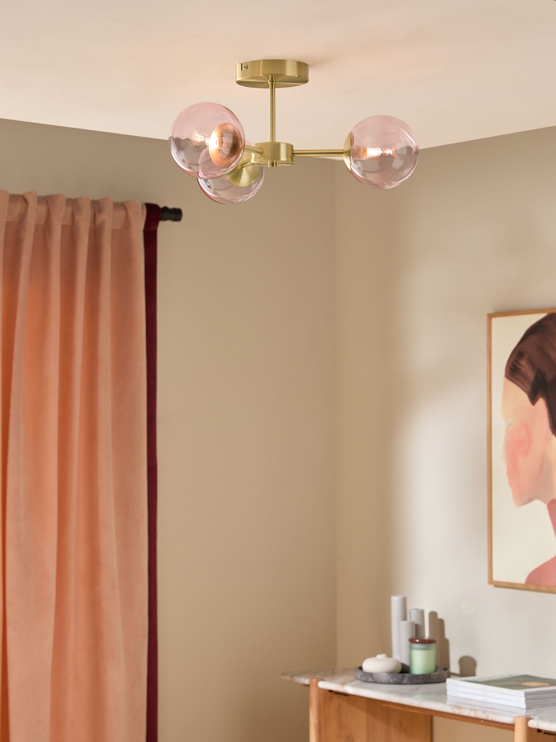 Globe 3 Light Flush Fitting Ceiling Light in Pink - Image 1 of 6