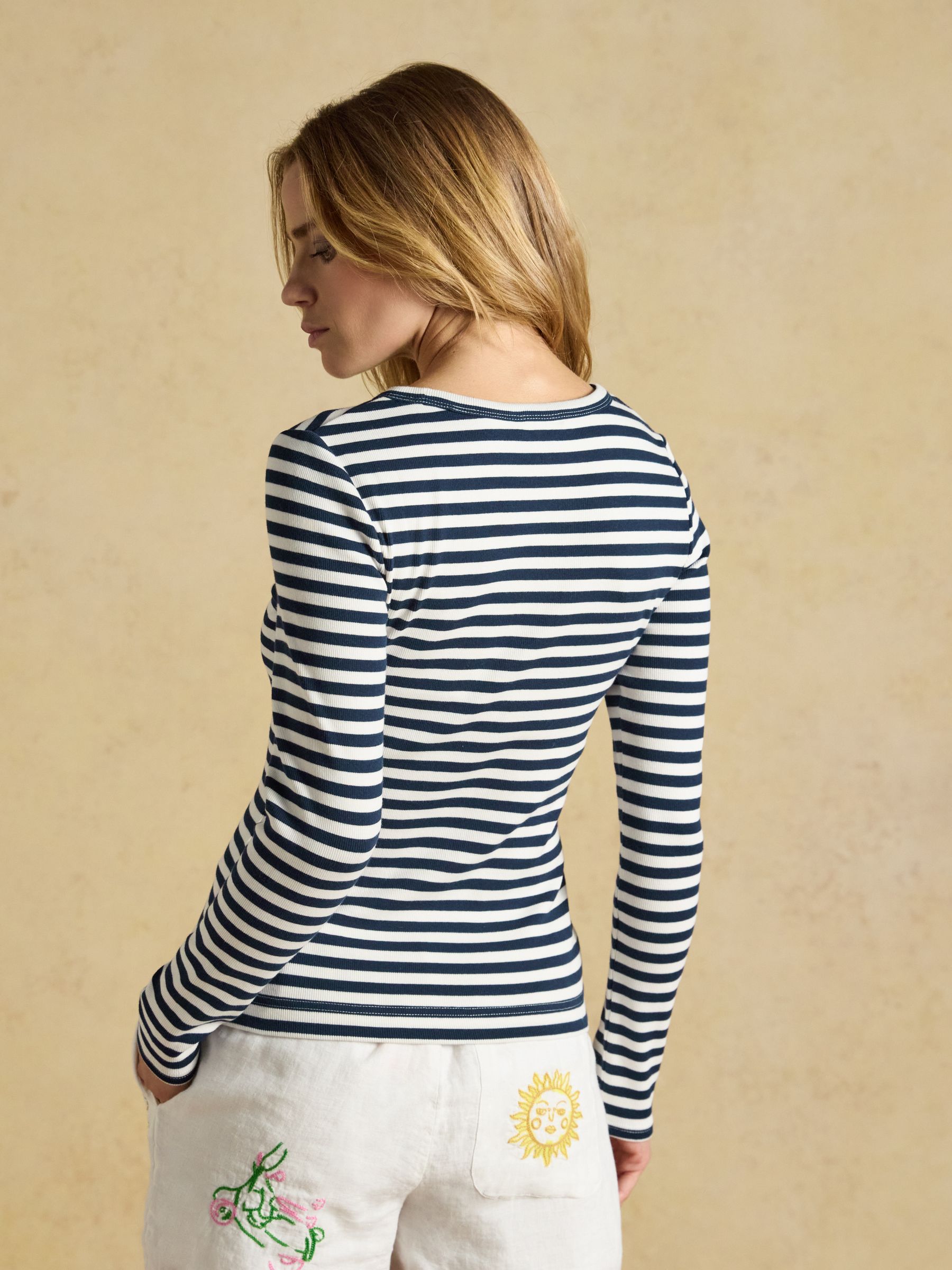 Sophie Navy Striped Long Sleeve Ribbed Fitted T-Shirt | Joules