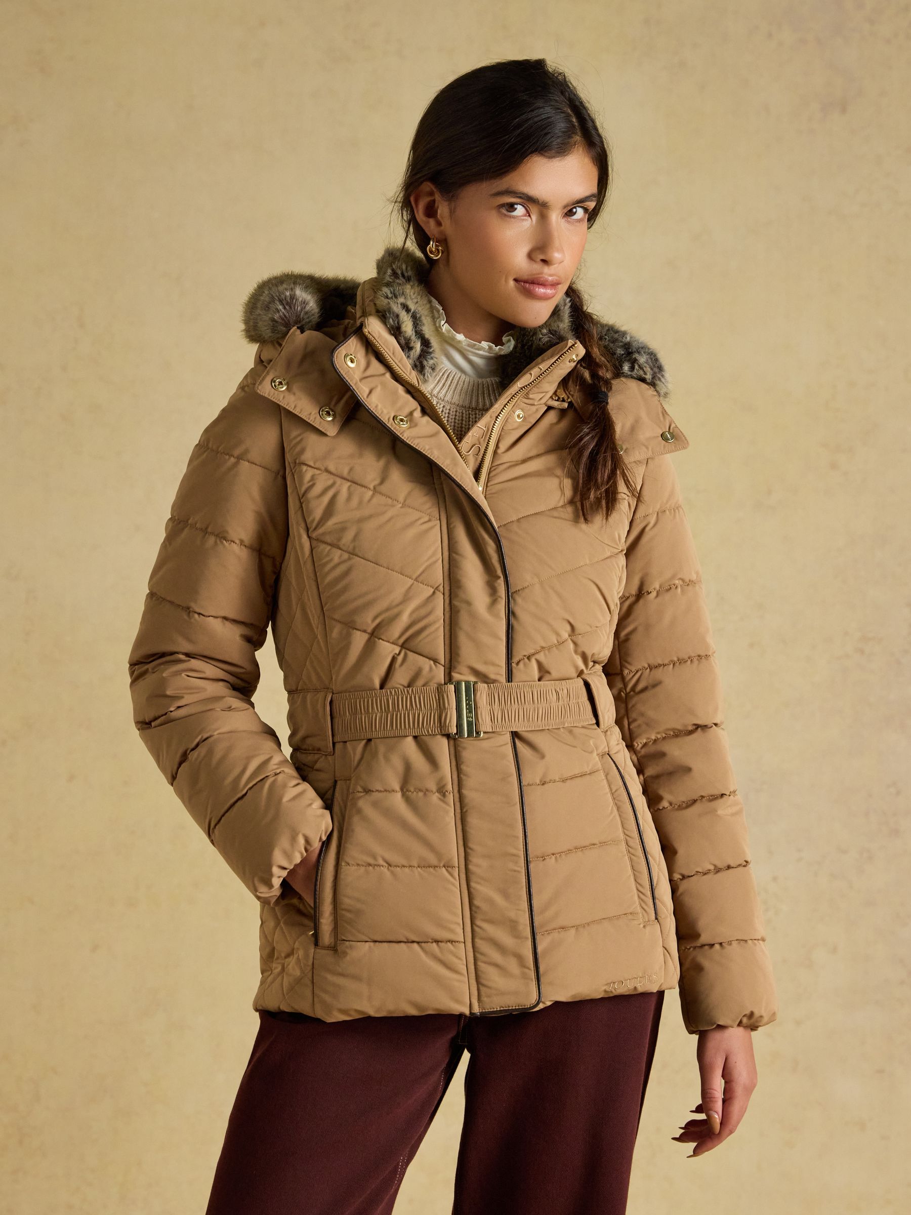 Aspen Tan Showerproof Padded Coat with Faux Fur Hood - Image 1 of 12