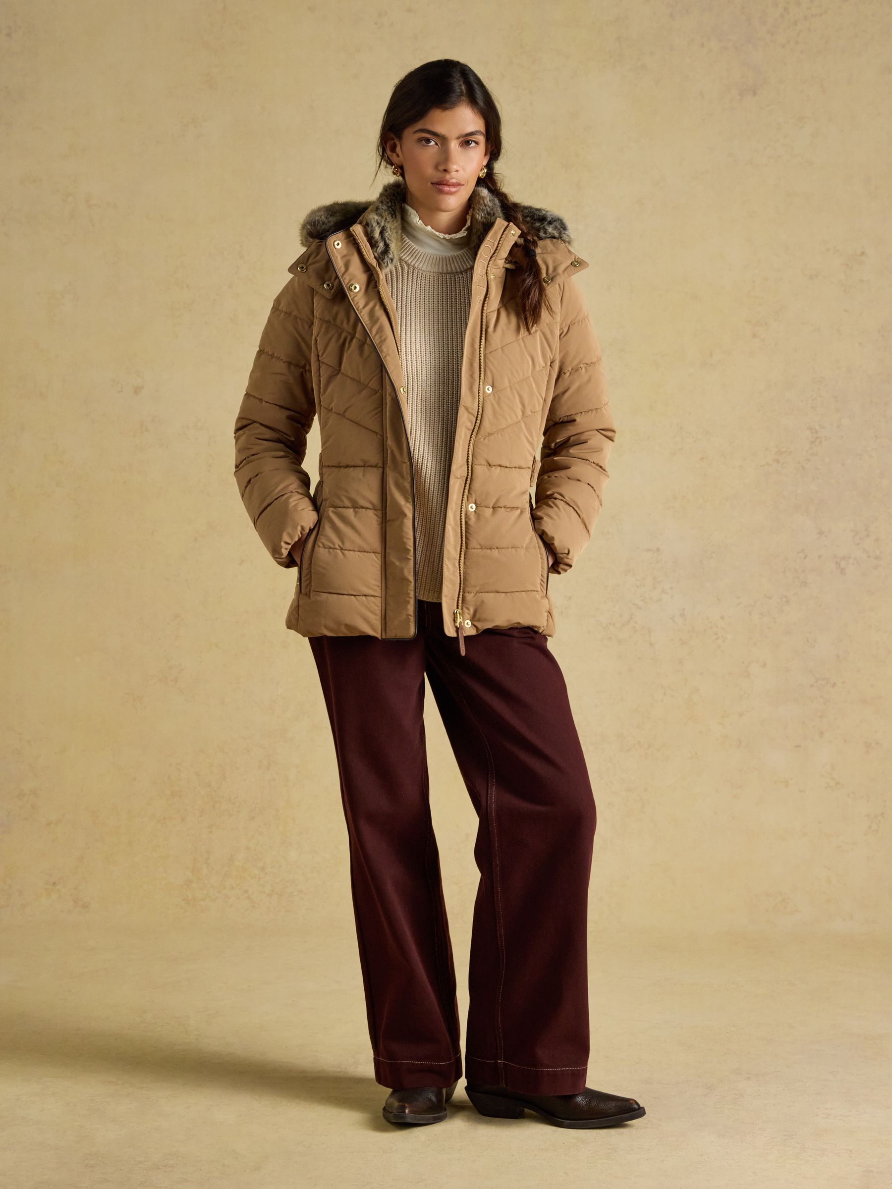 Aspen Tan Showerproof Padded Coat with Faux Fur Hood - Image 9 of 12