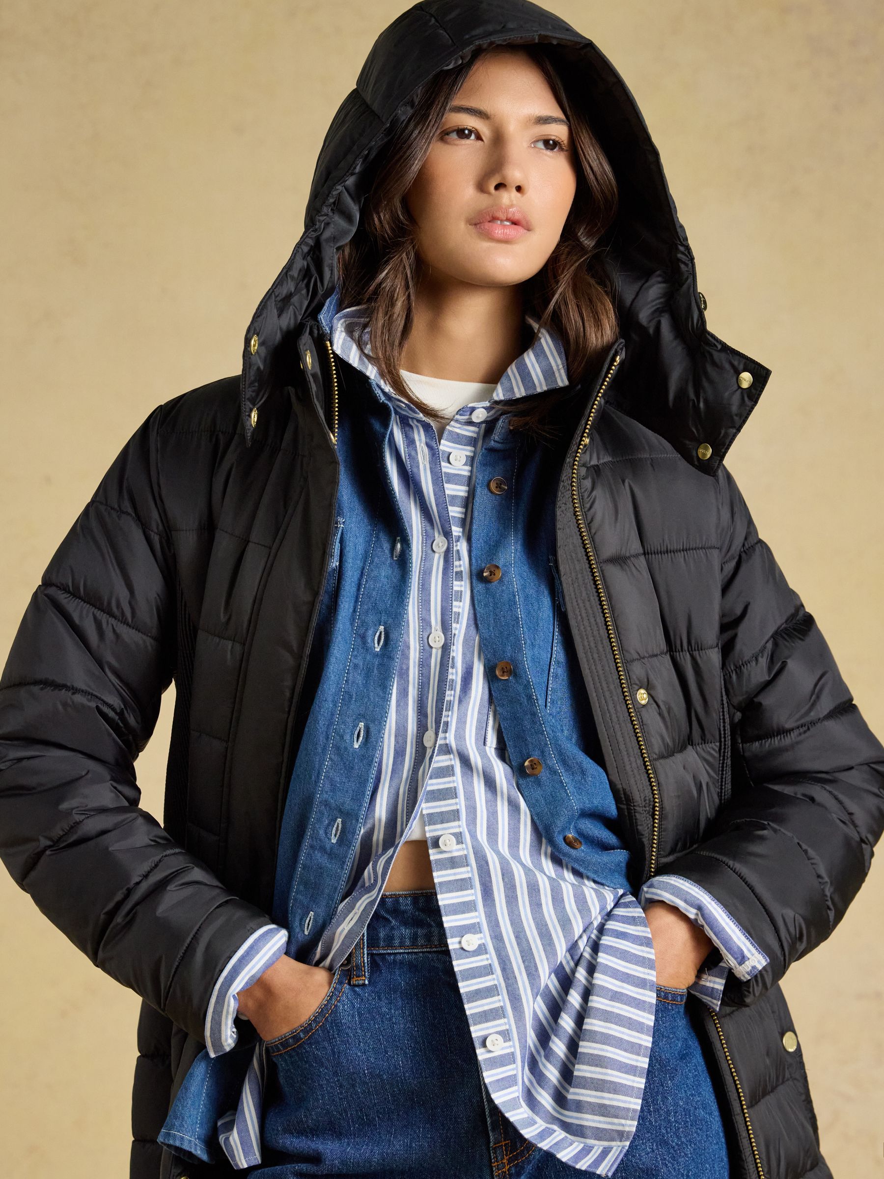 Windborough Black Showerproof Longline Padded Coat with Hood - Image 3 of 10