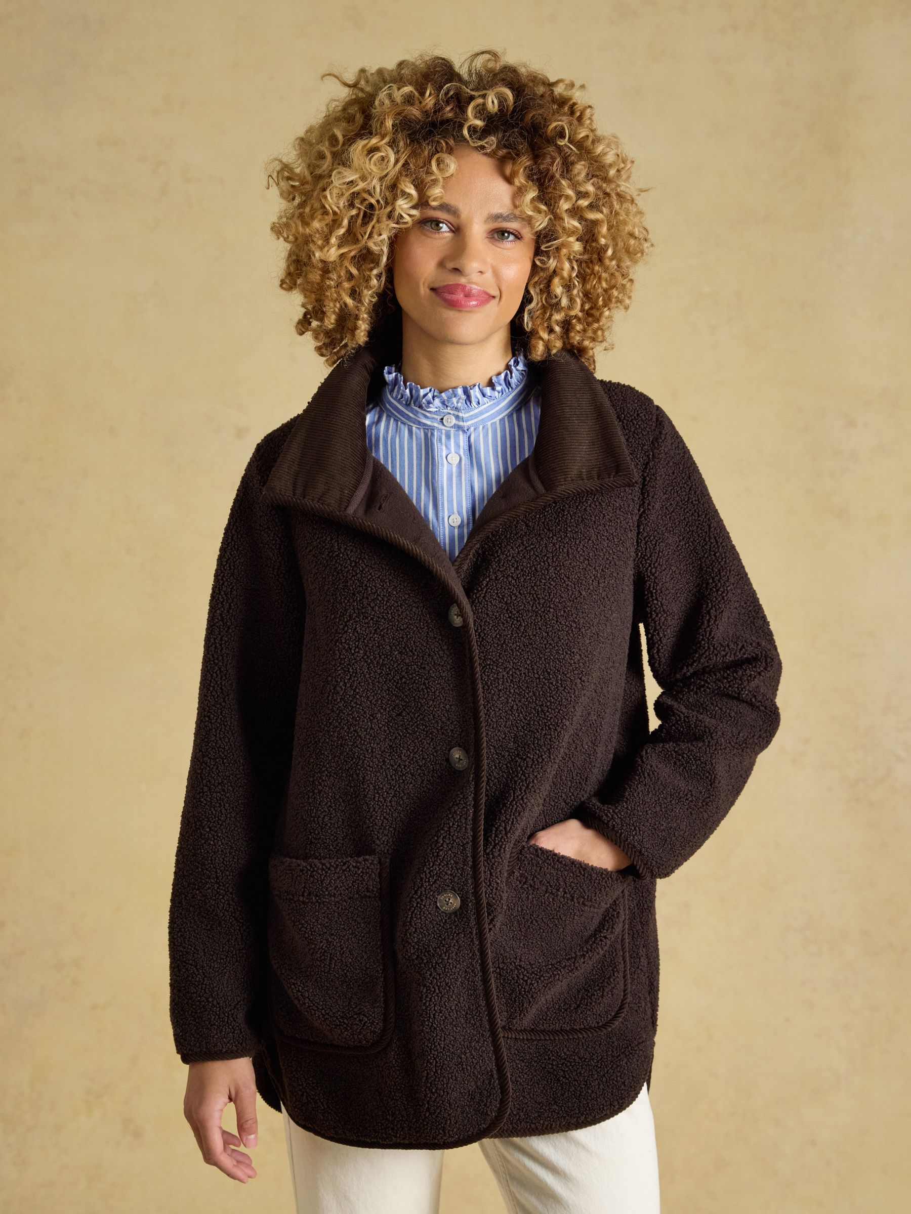 Sadie Chocolate Brown Longline Button Through Fleece Jacket - Image 1 of 9
