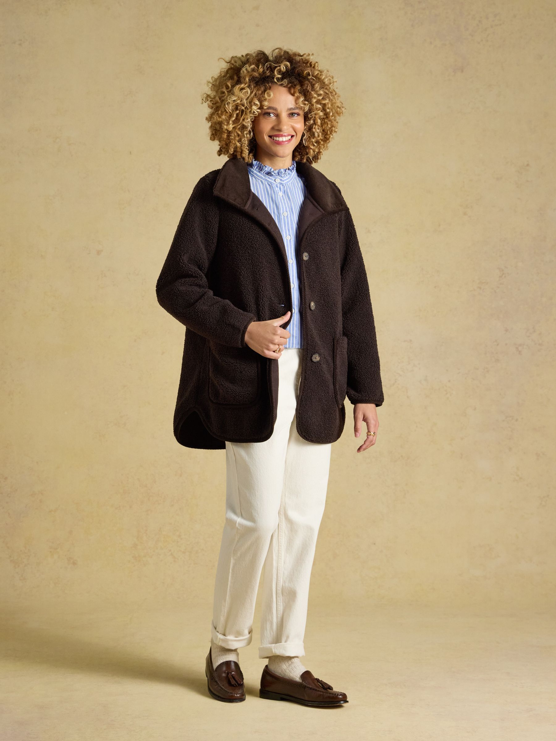 Sadie Chocolate Brown Longline Button Through Fleece Jacket - Image 4 of 9