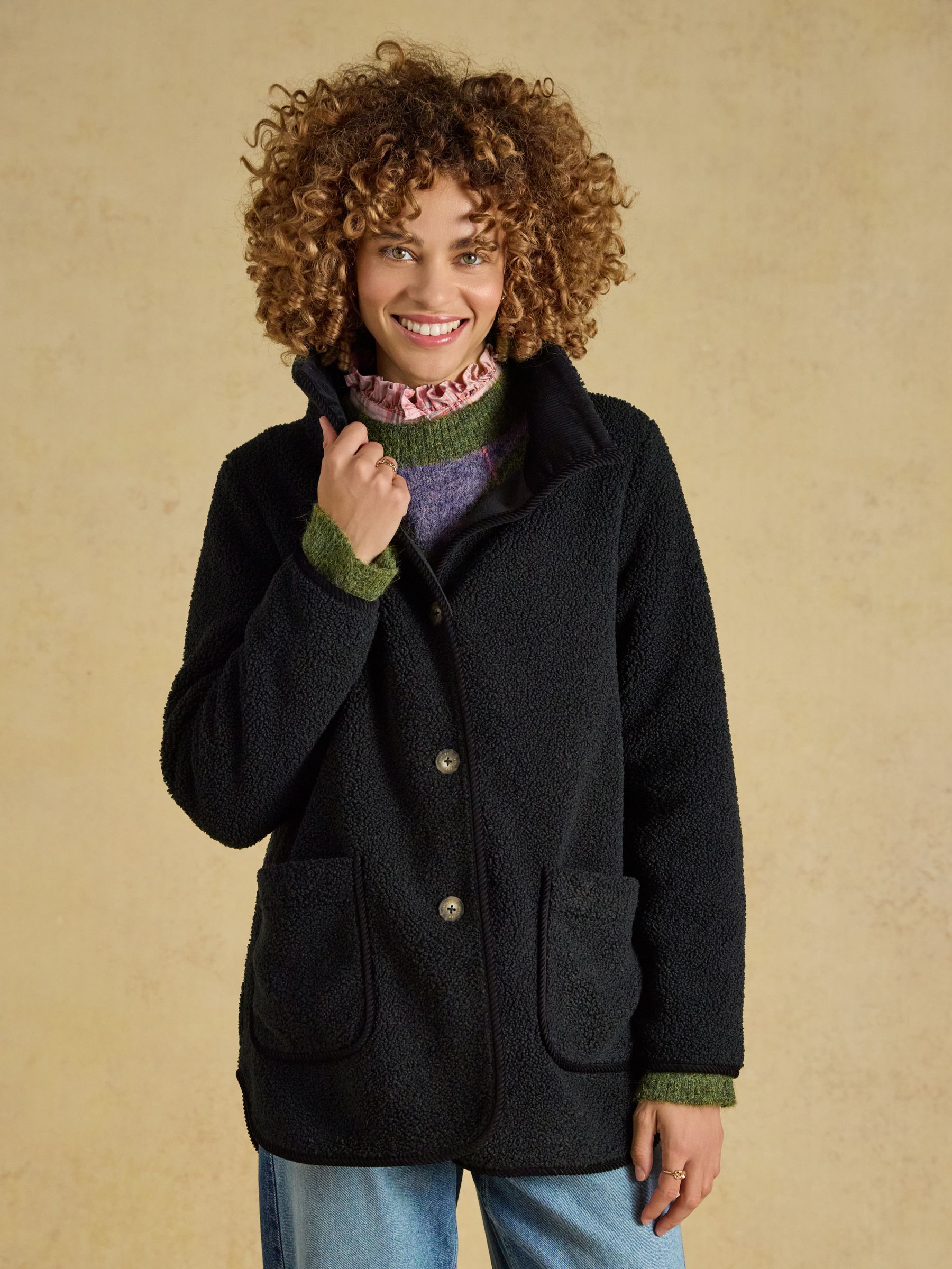 Sadie Black Longline Button Through Fleece Jacket - Image 1 of 9