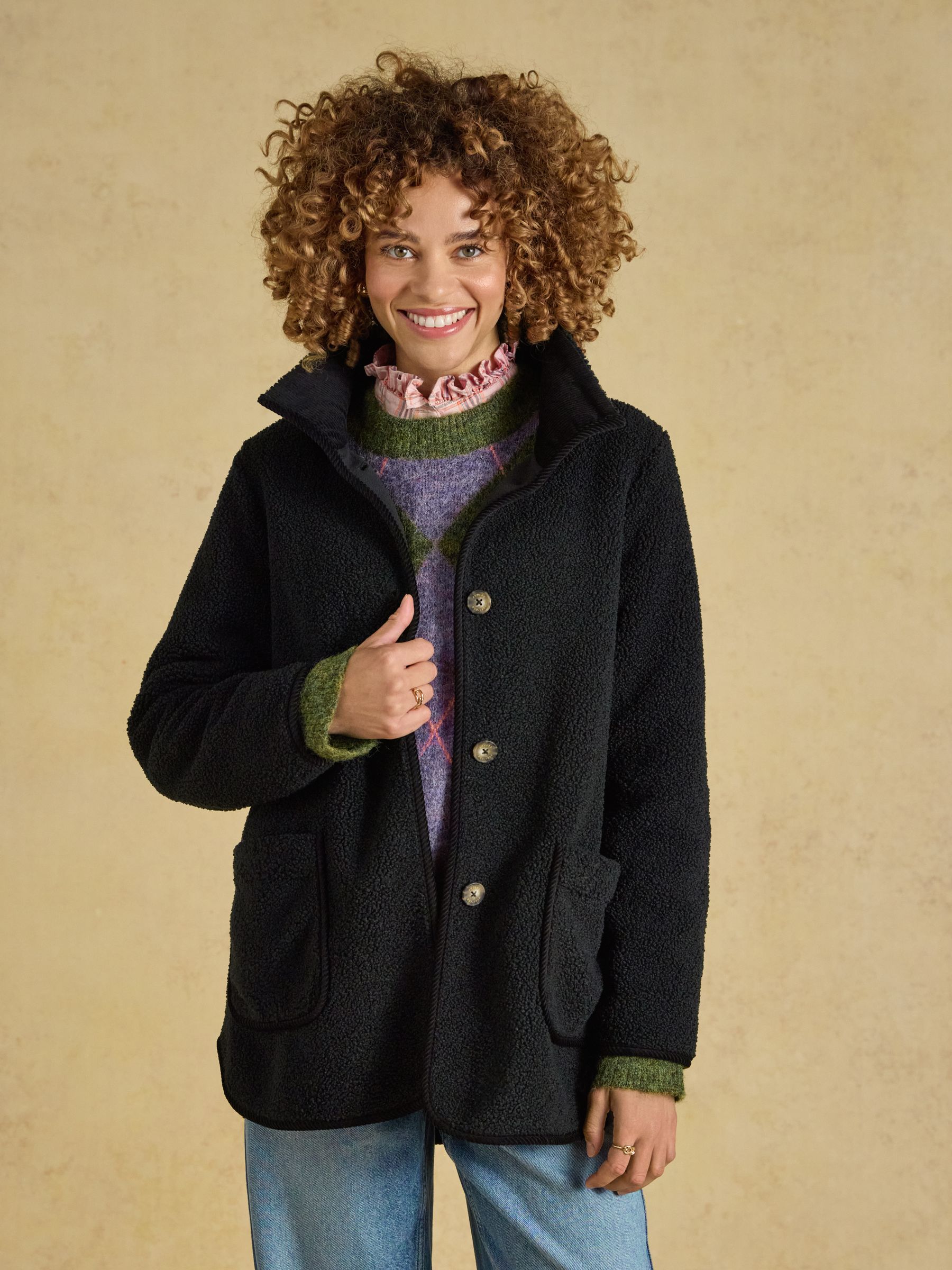 Sadie Black Longline Button Through Fleece Jacket - Image 7 of 9