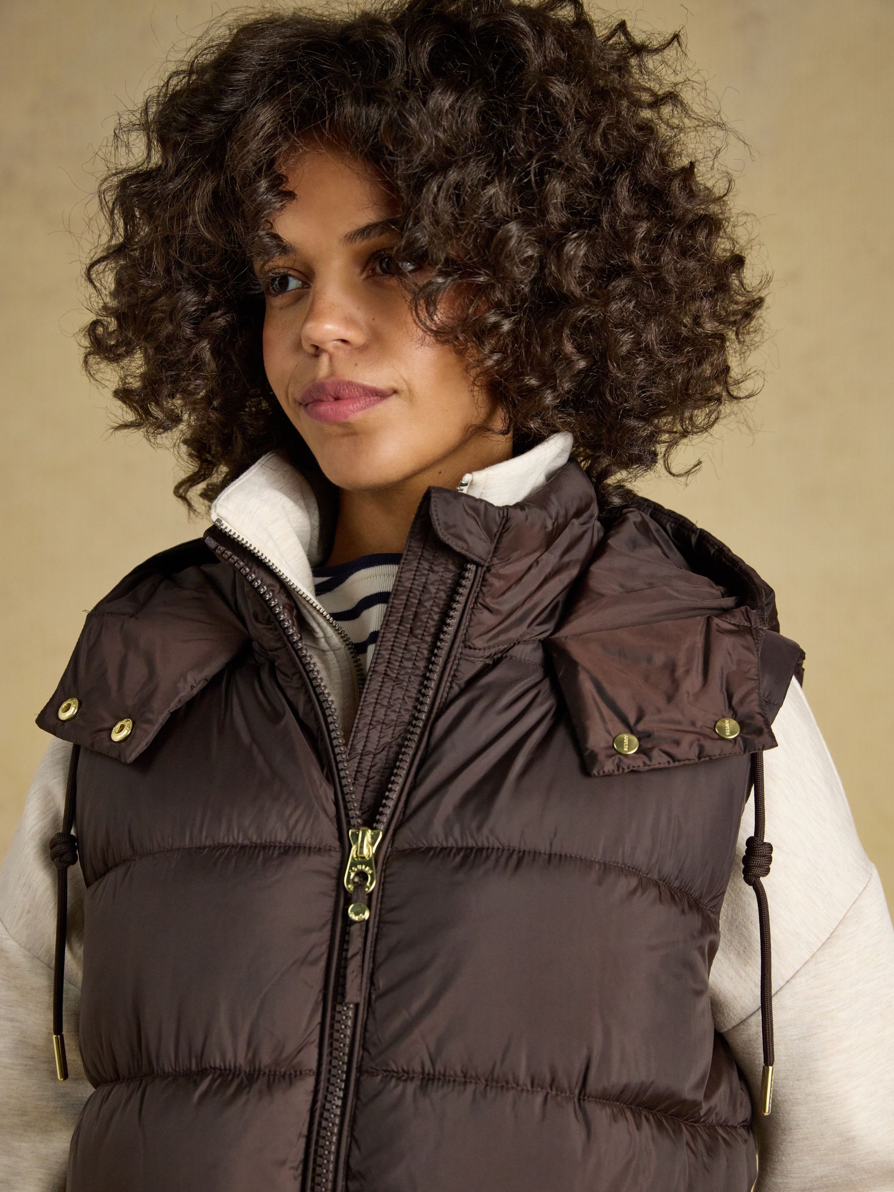 Windermere Chocolate Brown Showerproof Longline Padded Gilet | Joules
