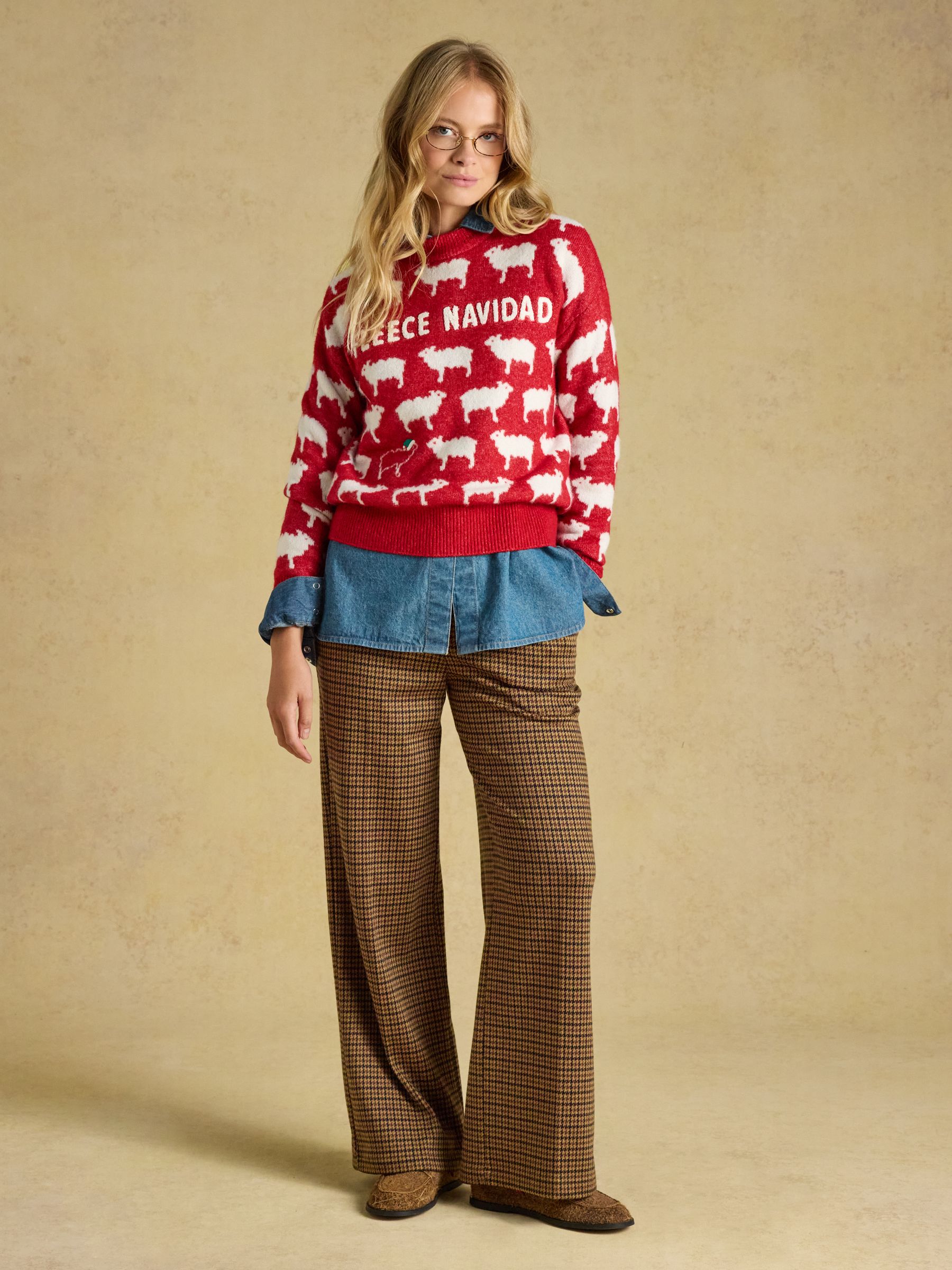 Red Fleece Navidad Sheep Icon Crew Neck Knitted Jumper - Image 4 of 7