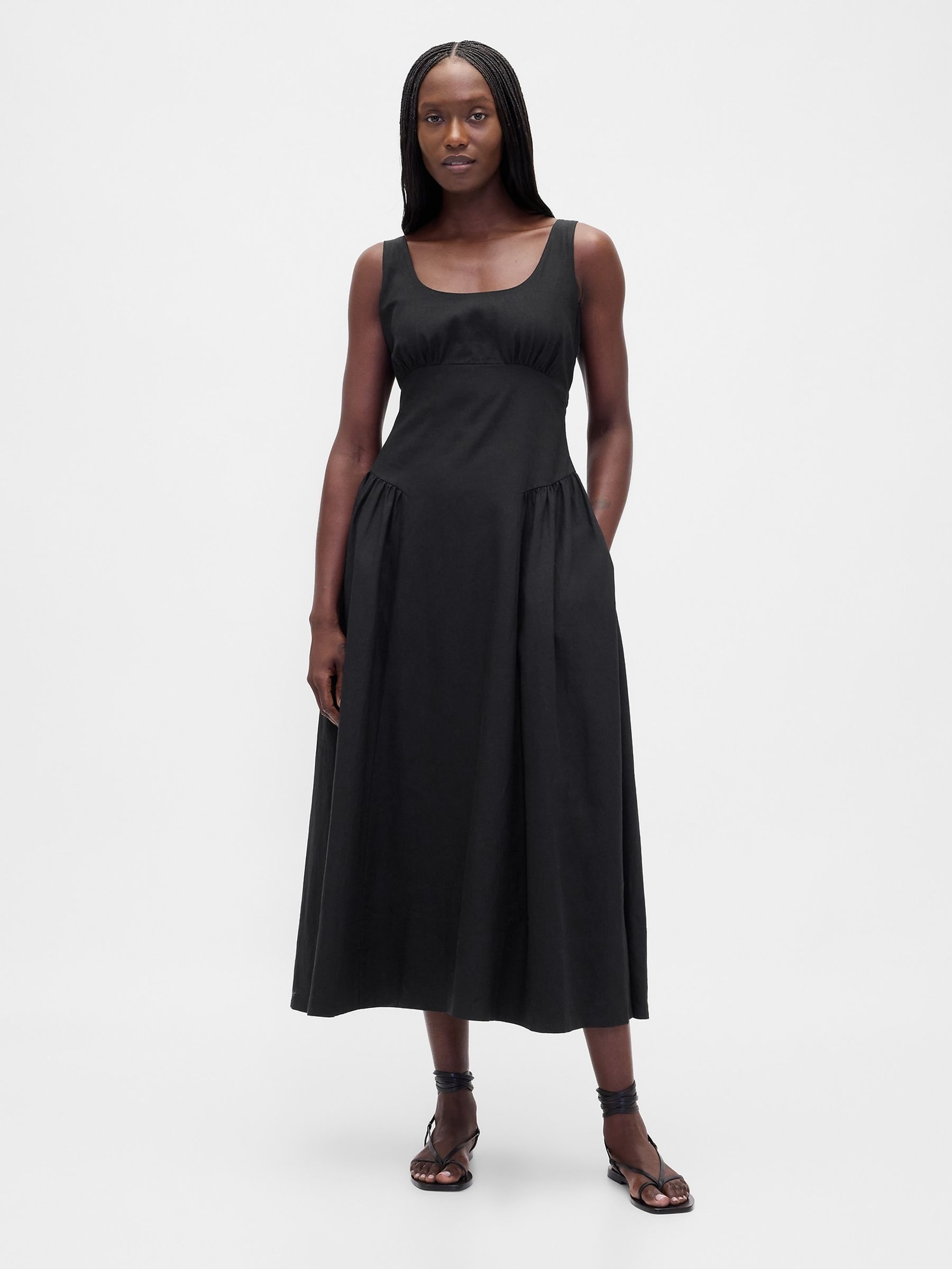 Black Linen Blend Shirred Maxi Dress - Image 3 of 4