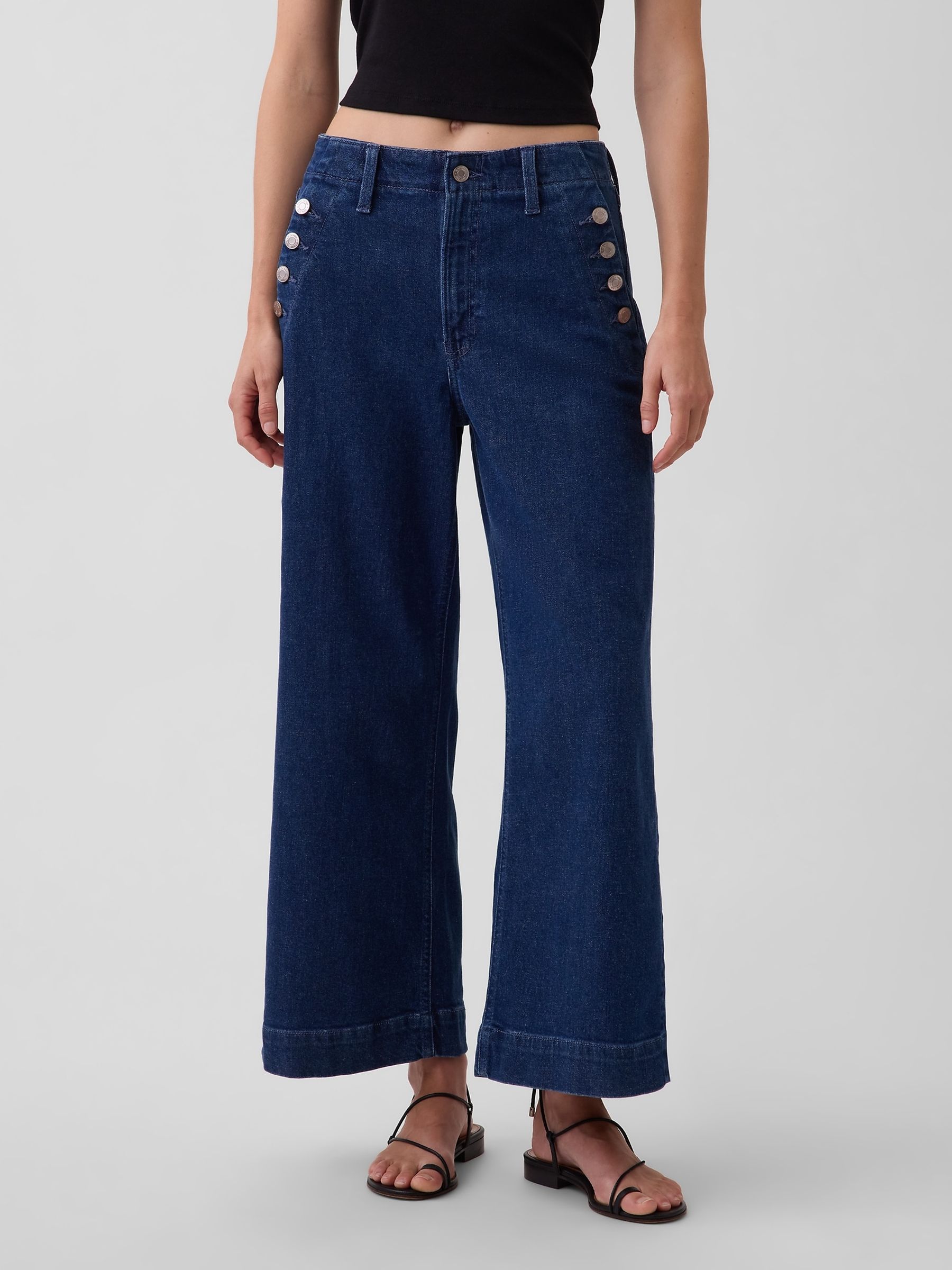 Dark Wash High Waisted Stride Wide-Leg Ankle Sailor Jeans - Image 1 of 4