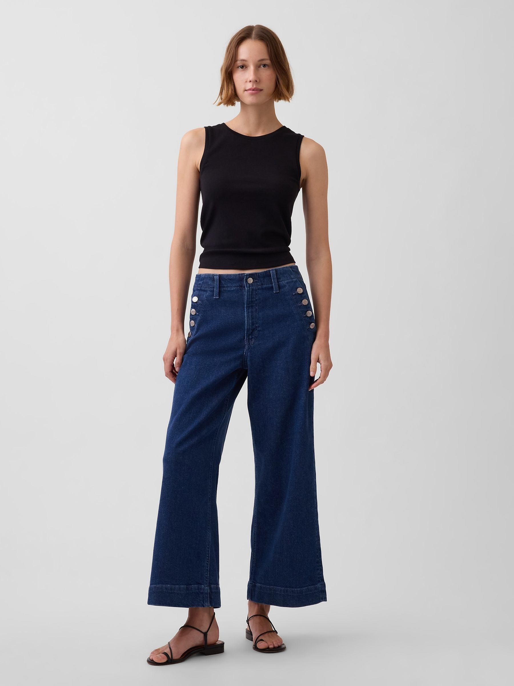 Dark Wash High Waisted Stride Wide-Leg Ankle Sailor Jeans - Image 3 of 4