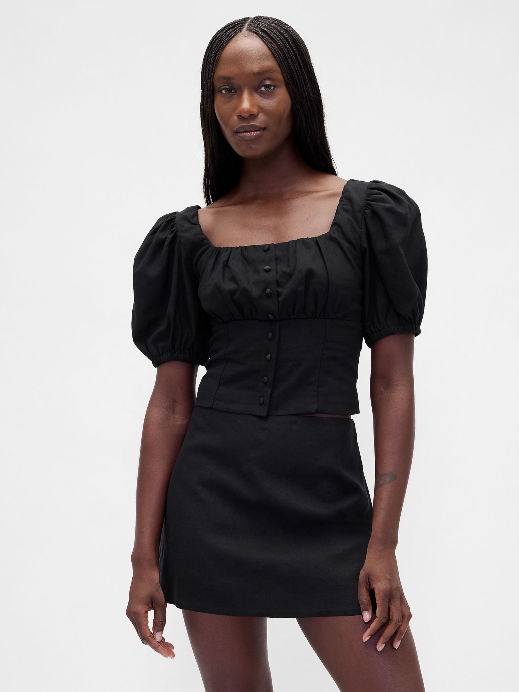 Black Linen Blend Puff Sleeve Crop Corset Top - Image 1 of 4
