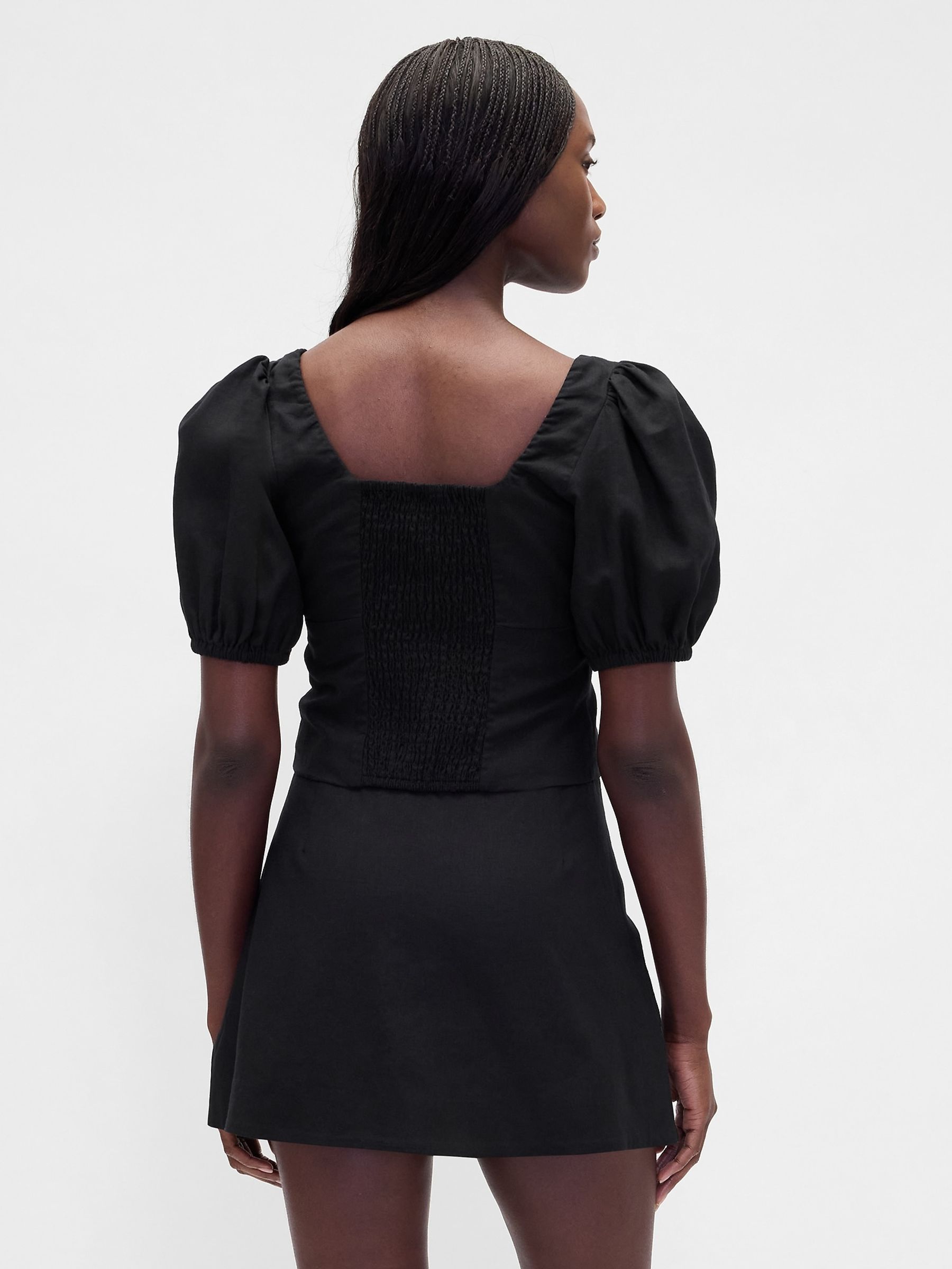 Black Linen Blend Puff Sleeve Crop Corset Top - Image 2 of 4