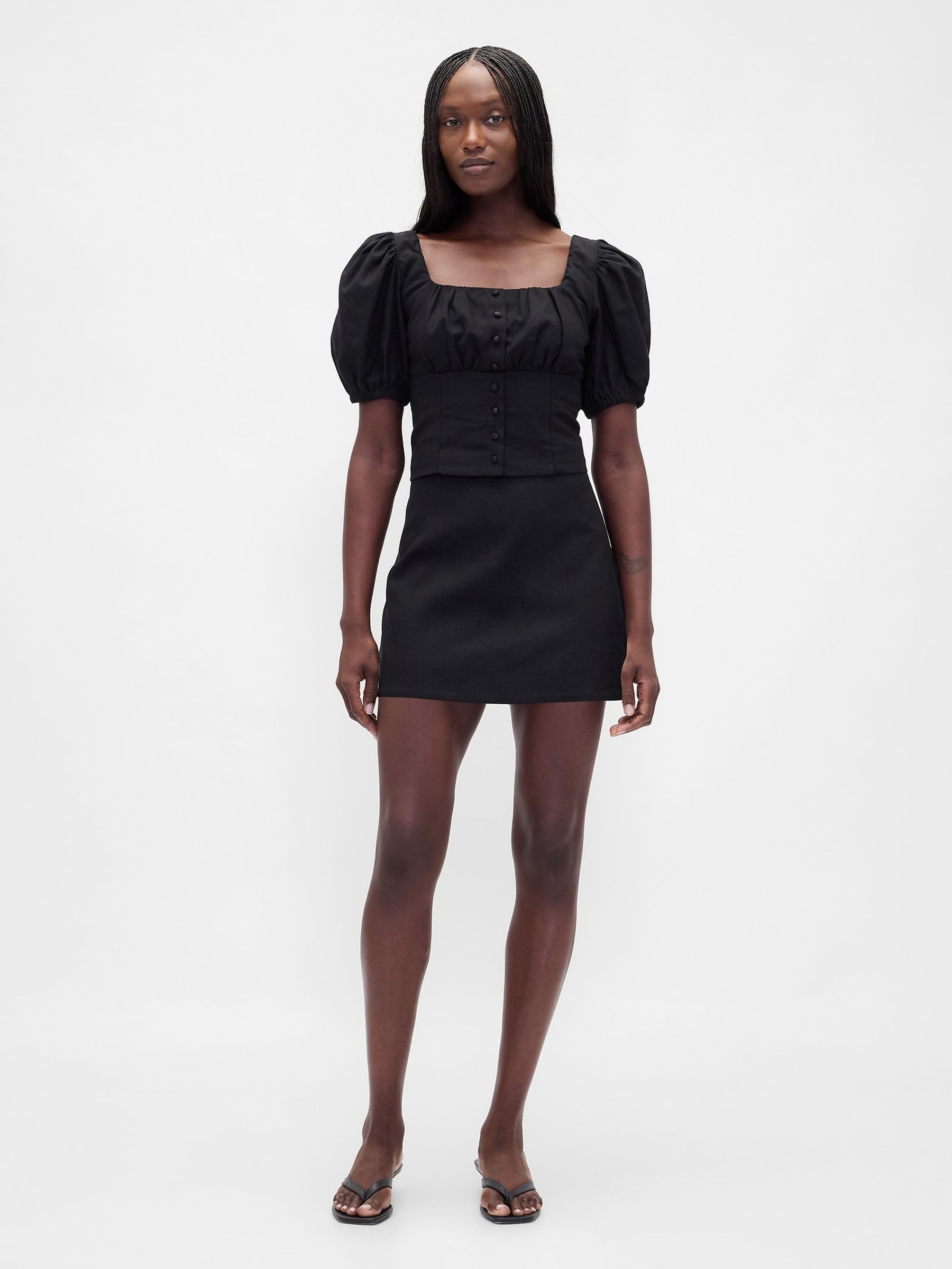 Black Linen Blend Puff Sleeve Crop Corset Top - Image 3 of 4