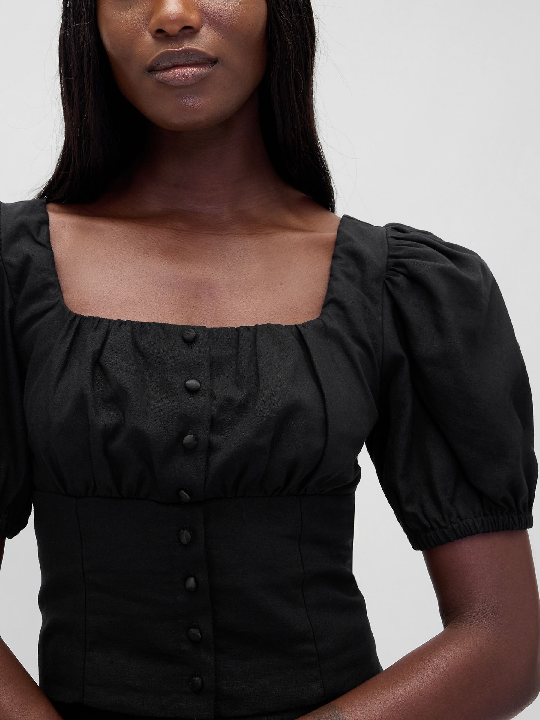 Black Linen Blend Puff Sleeve Crop Corset Top - Image 4 of 4