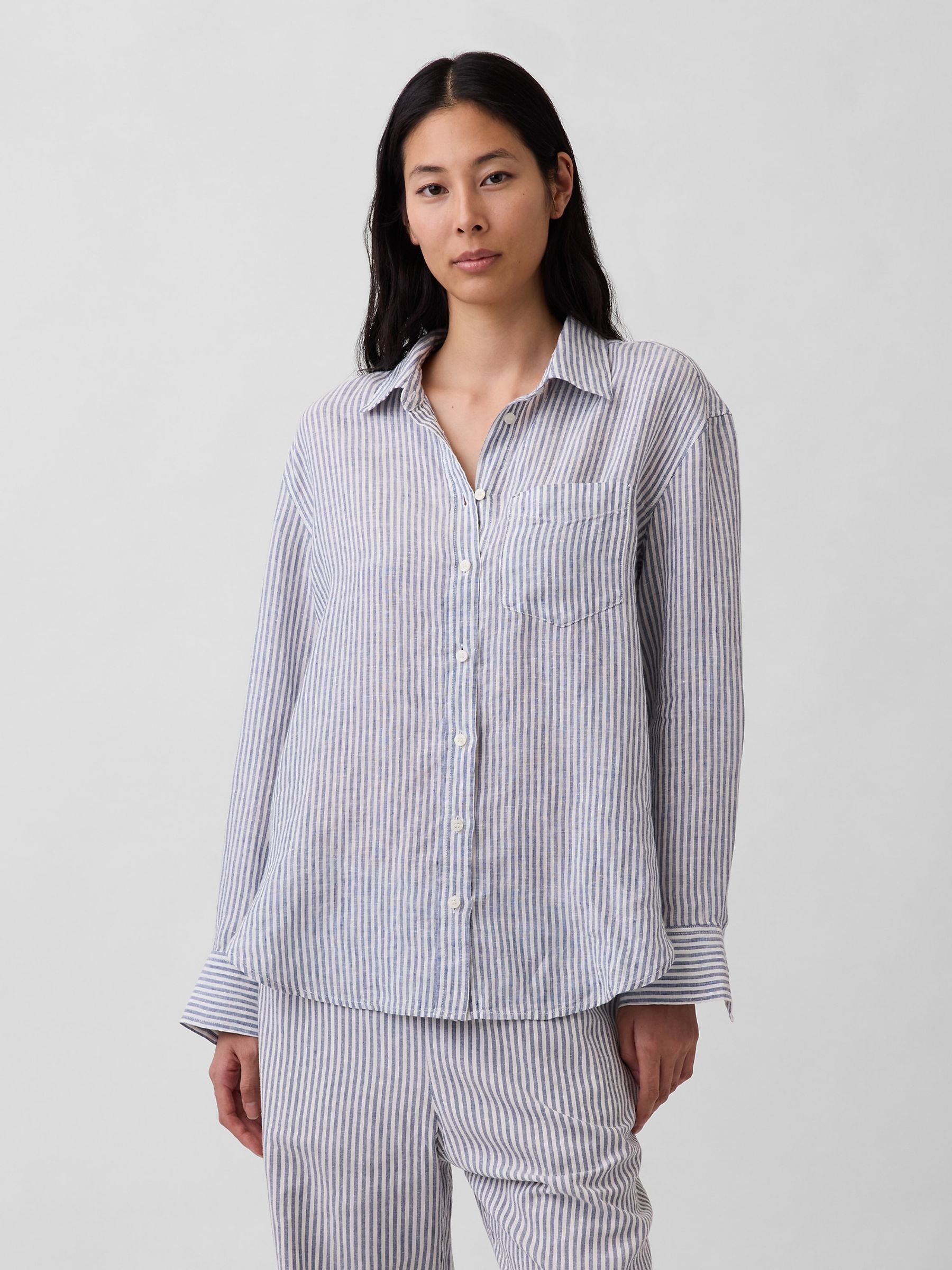 Blue stripe Linen Oversized Shirt - Image 1 of 4