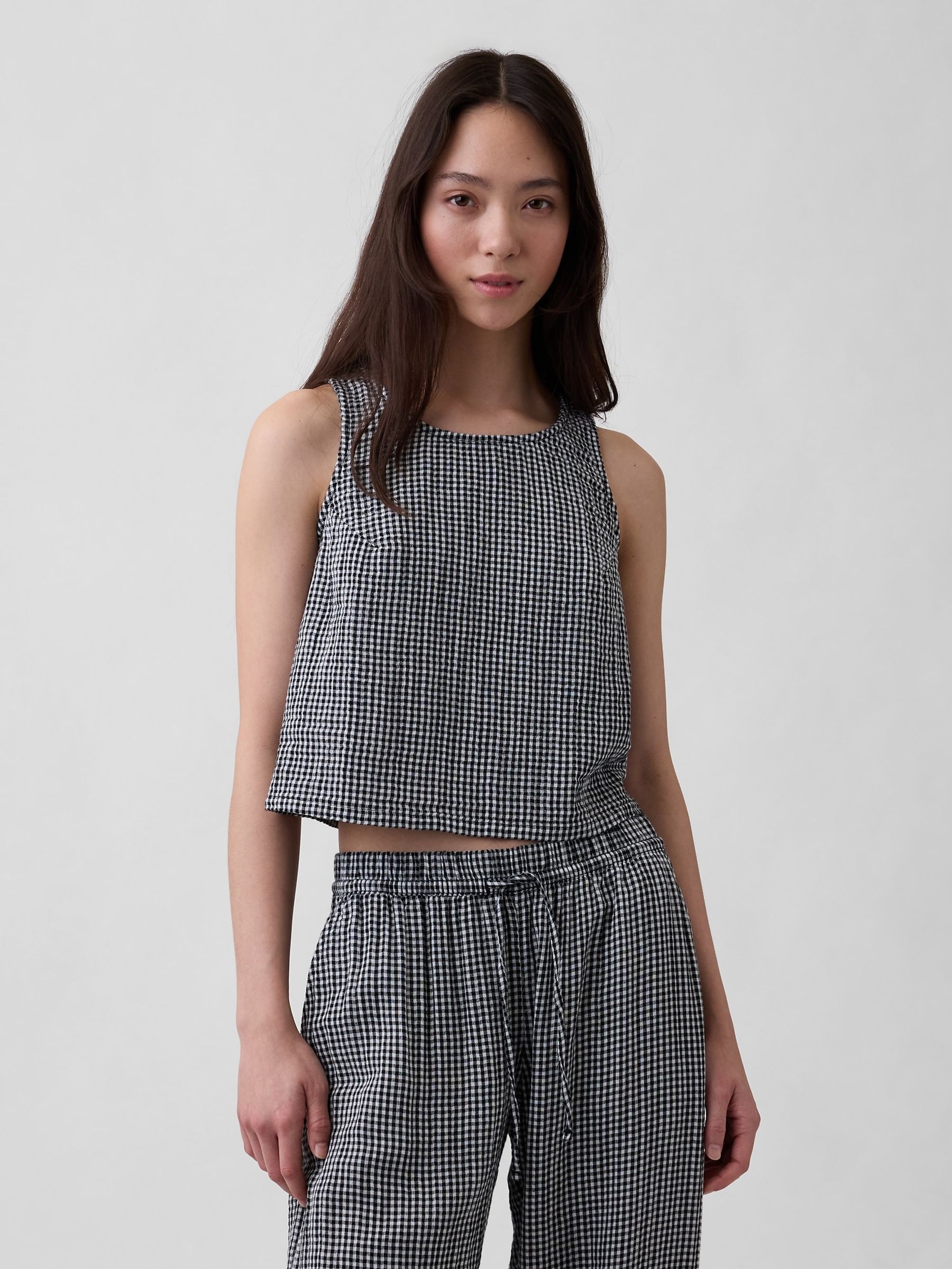 Black Gingham Cotton Gauze Racer Shell Vest - Image 1 of 4