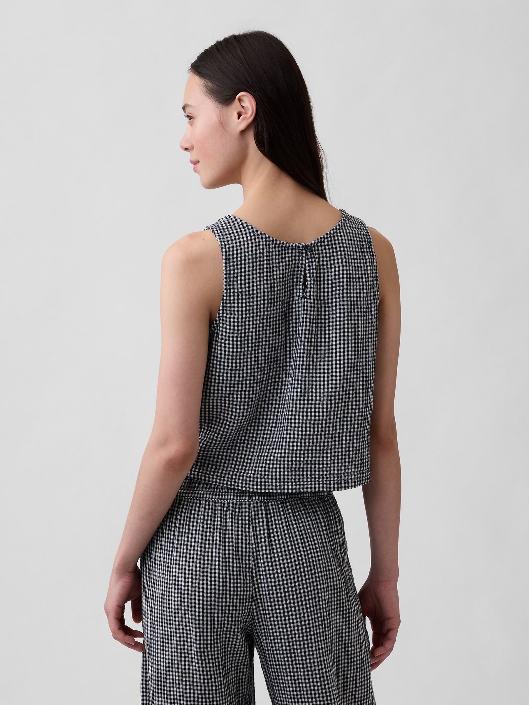Black Gingham Cotton Gauze Racer Shell Vest - Image 2 of 4
