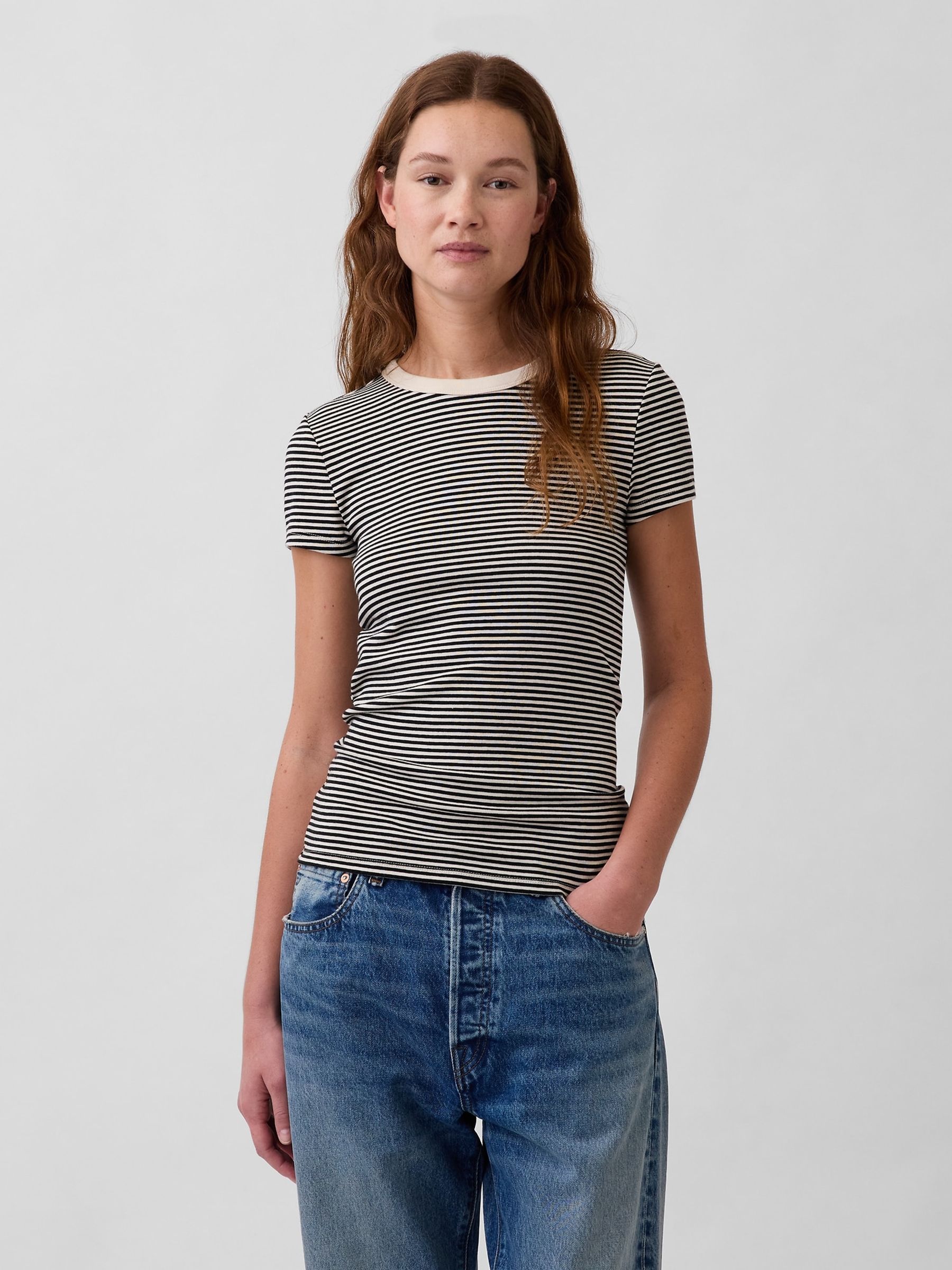 Black/Cream Stripe Modern Crew neck T-Shirt - Image 1 of 4