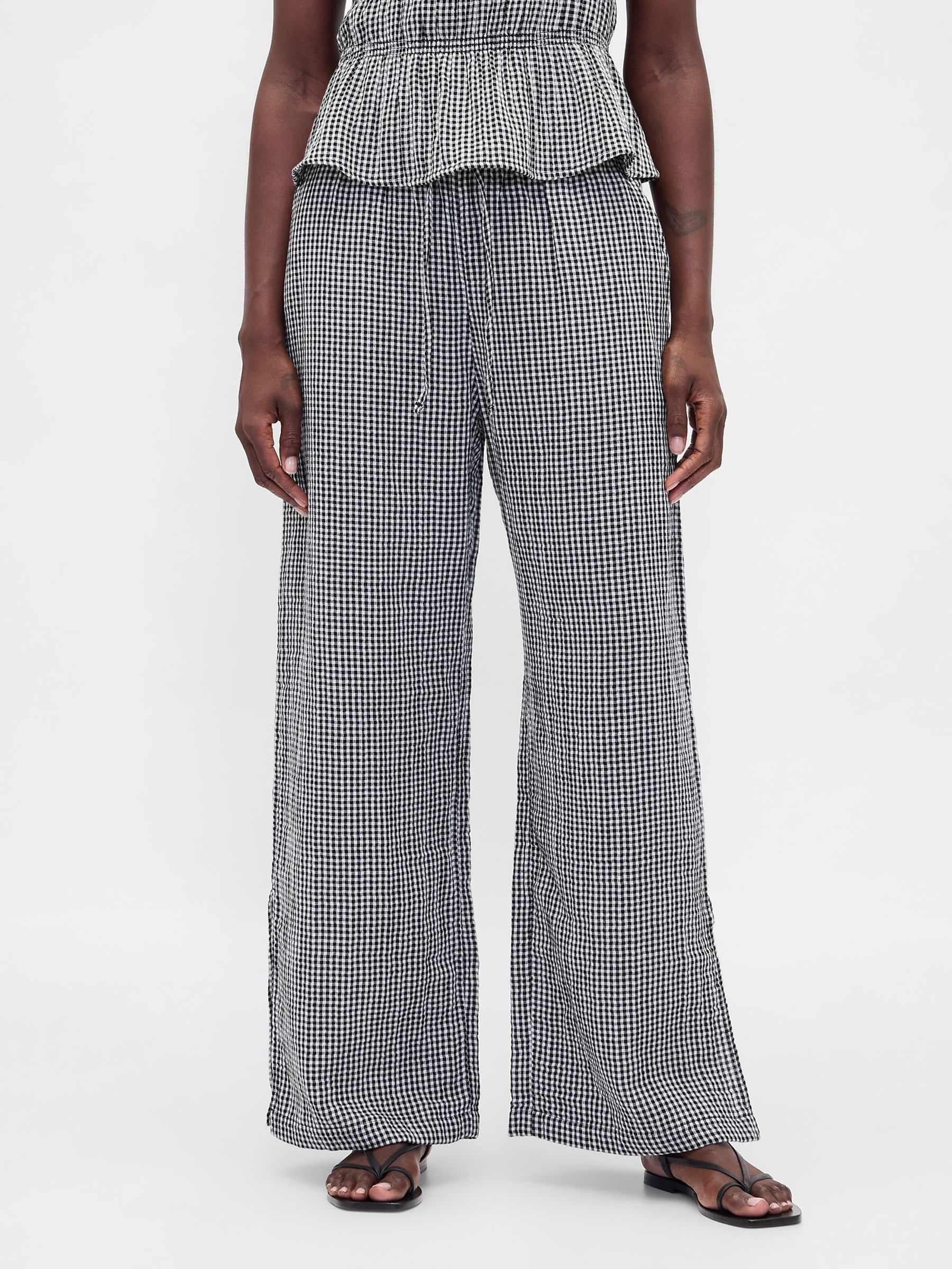 Black Check Cotton Gauze Easy Split-Hem Trousers - Image 1 of 4 Black Check Cotton Gauze Easy Split-Hem Trousers - Image 1 of 4