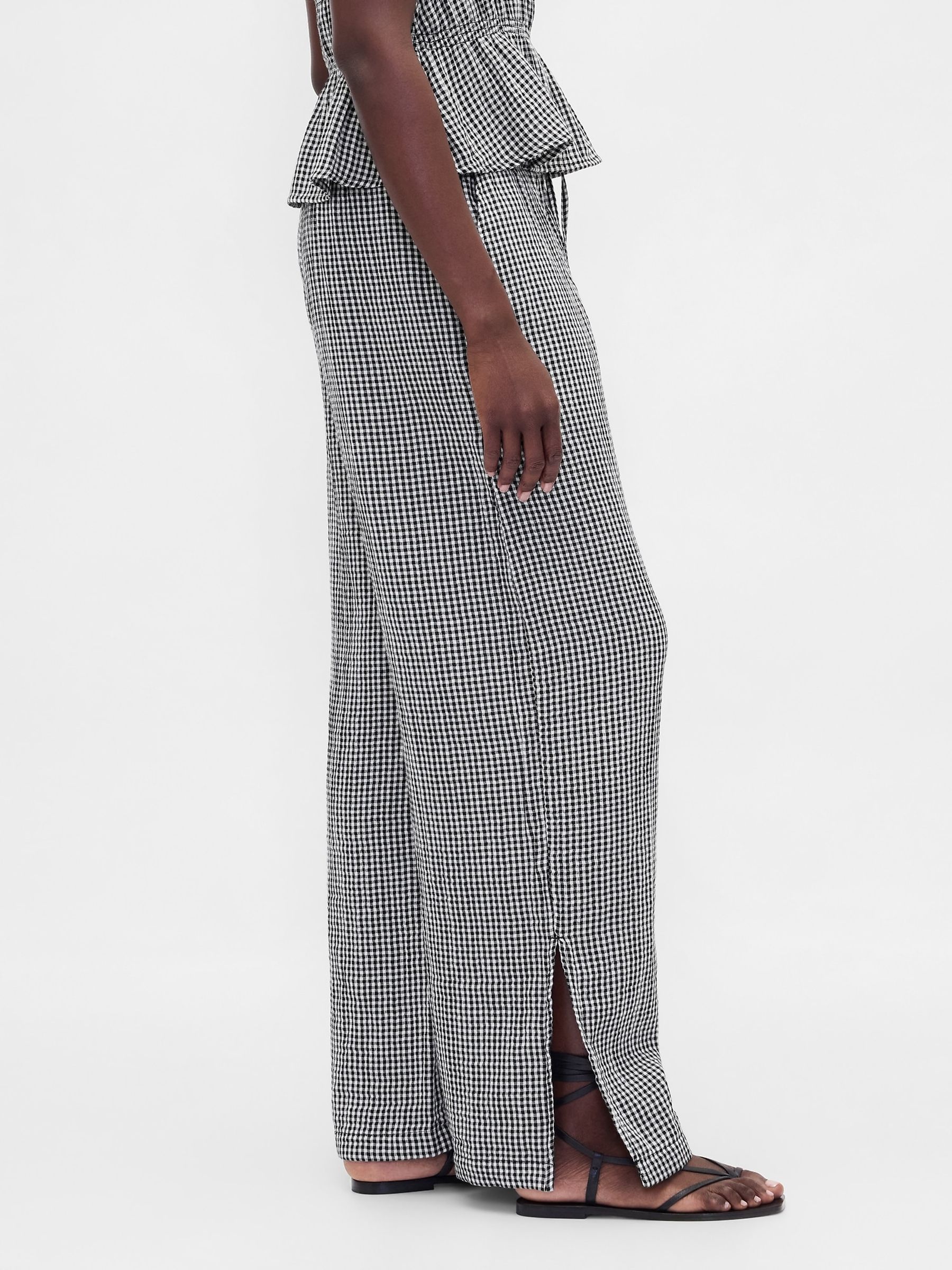 Black Check Cotton Gauze Easy Split-Hem Trousers - Image 3 of 4