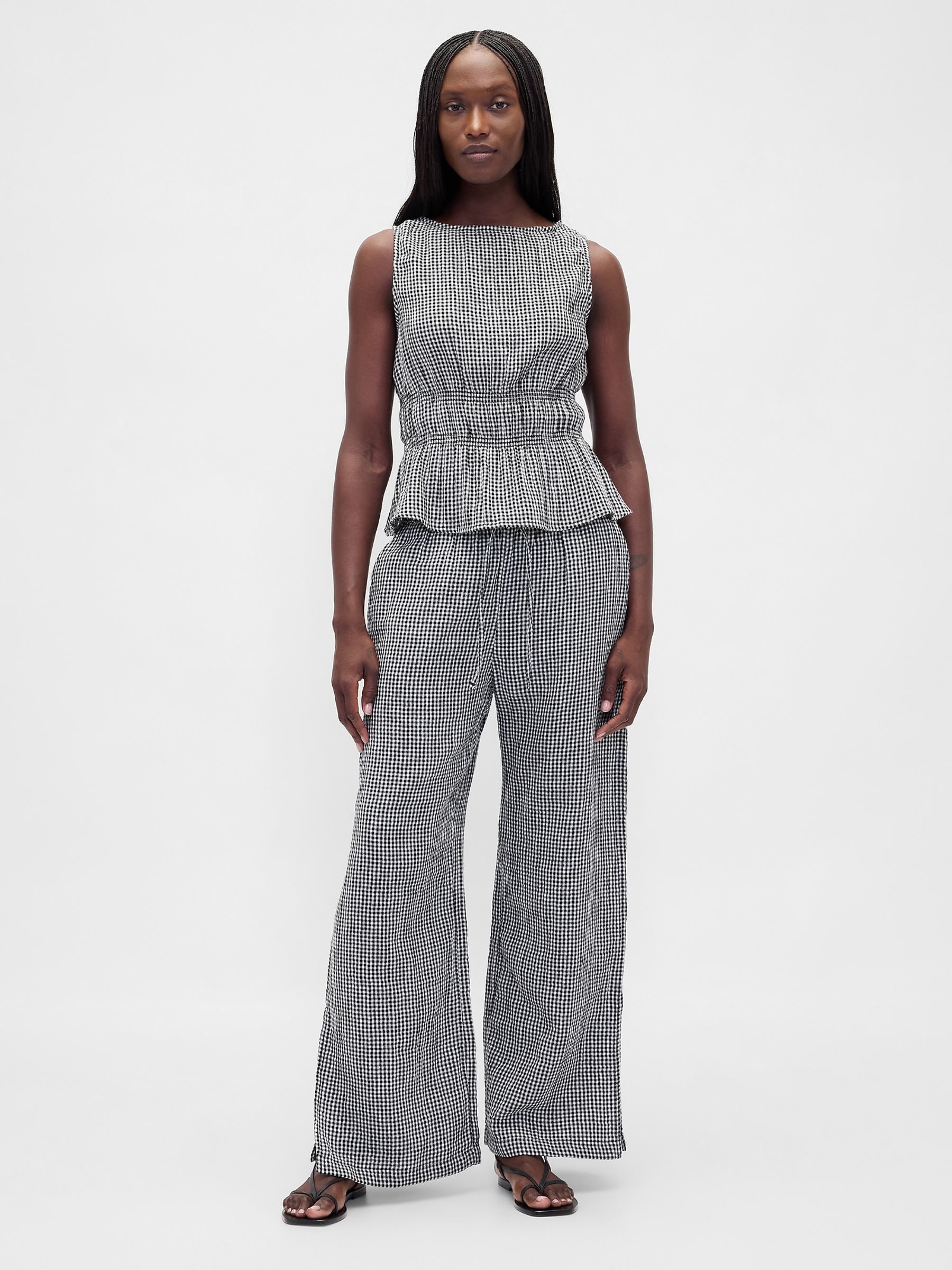 Black Check Cotton Gauze Easy Split-Hem Trousers - Image 4 of 4 Black Check Cotton Gauze Easy Split-Hem Trousers - Image 4 of 4