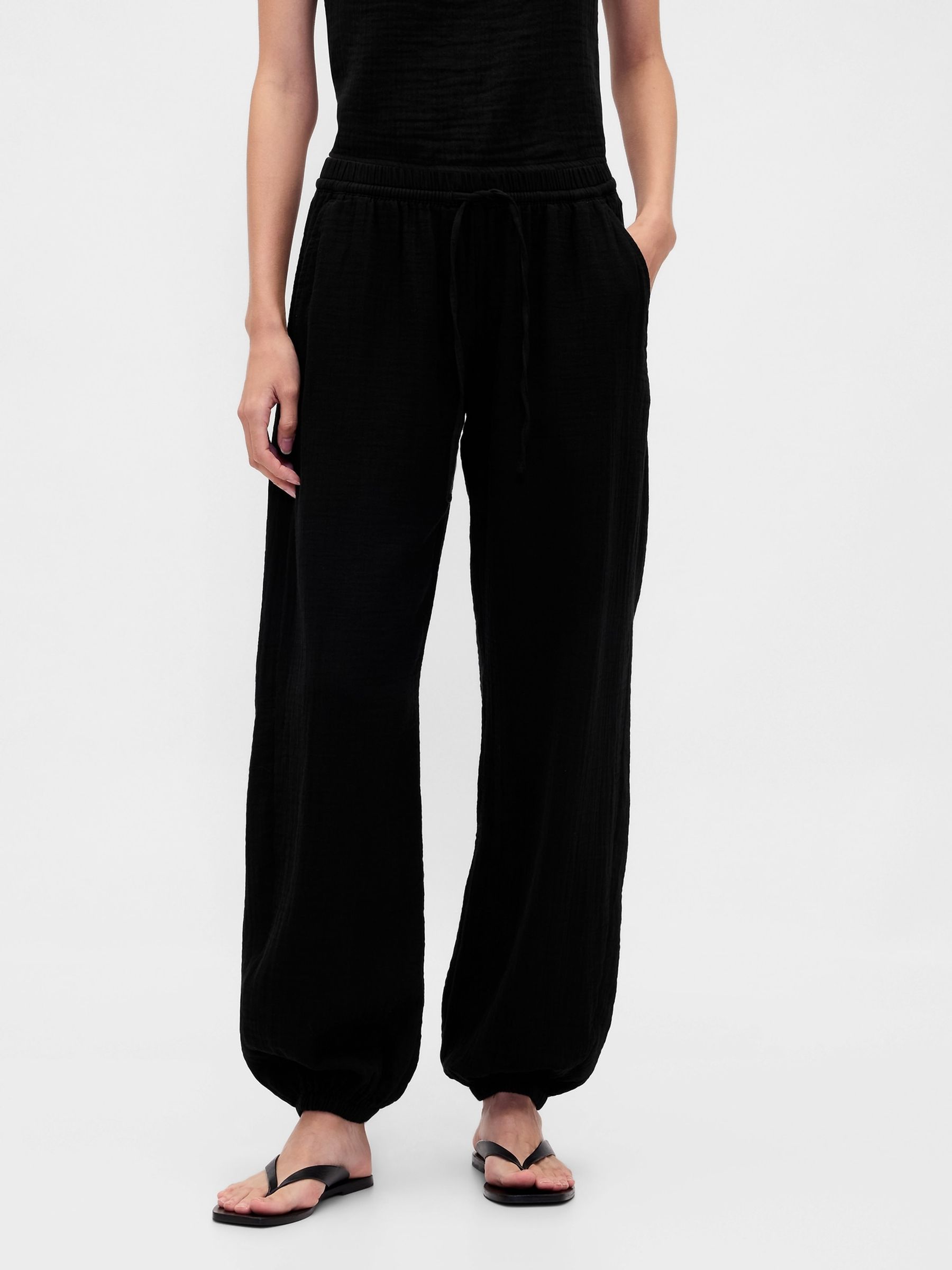 Black Cotton Gauze Barrel Cuffed Trousers - Image 1 of 4 Black Cotton Gauze Barrel Cuffed Trousers - Image 1 of 4