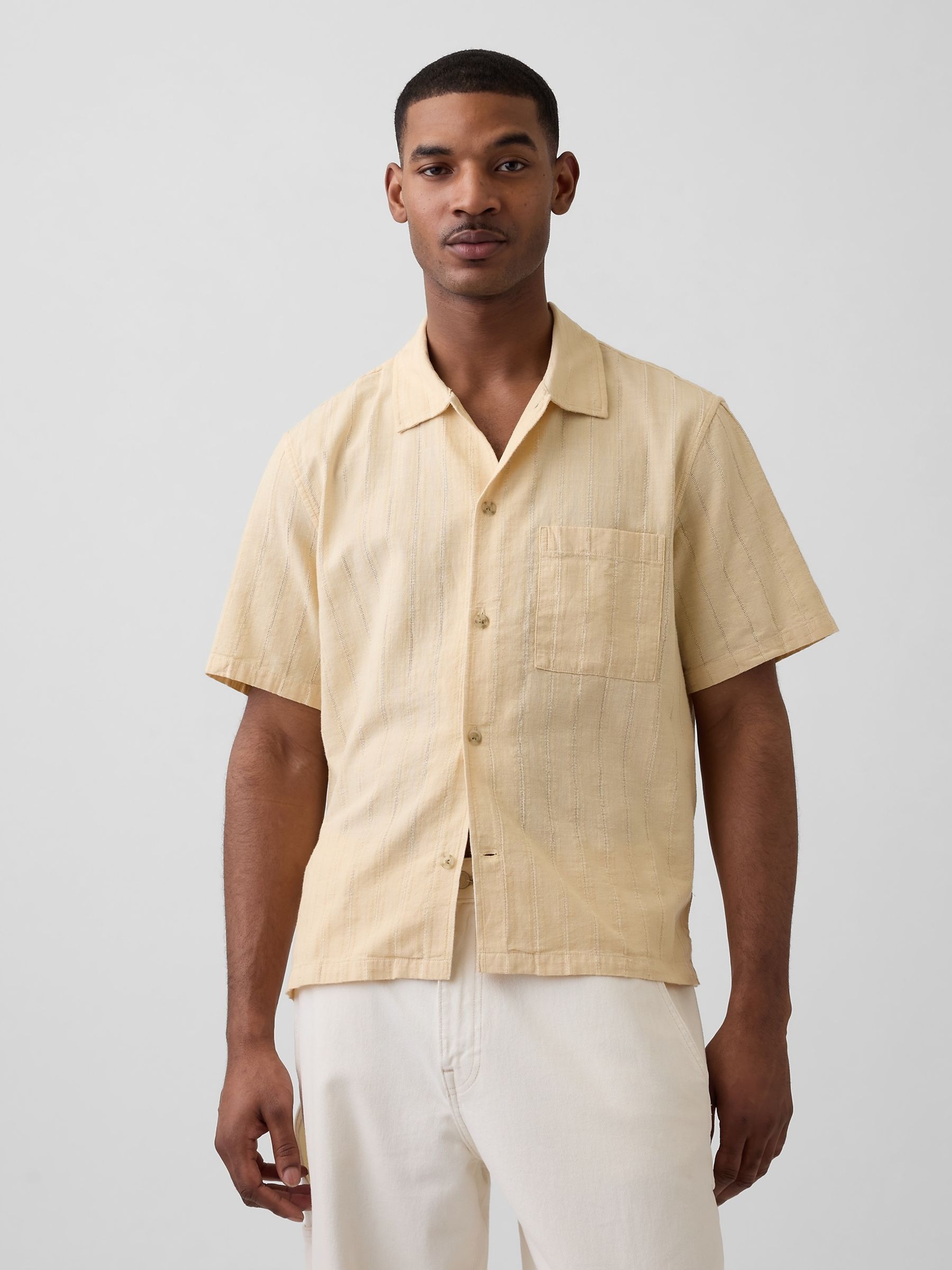 Yellow Dobby Relaxed Straight-Hem Shirt - Image 1 of 4 Yellow Dobby Relaxed Straight-Hem Shirt - Image 1 of 4