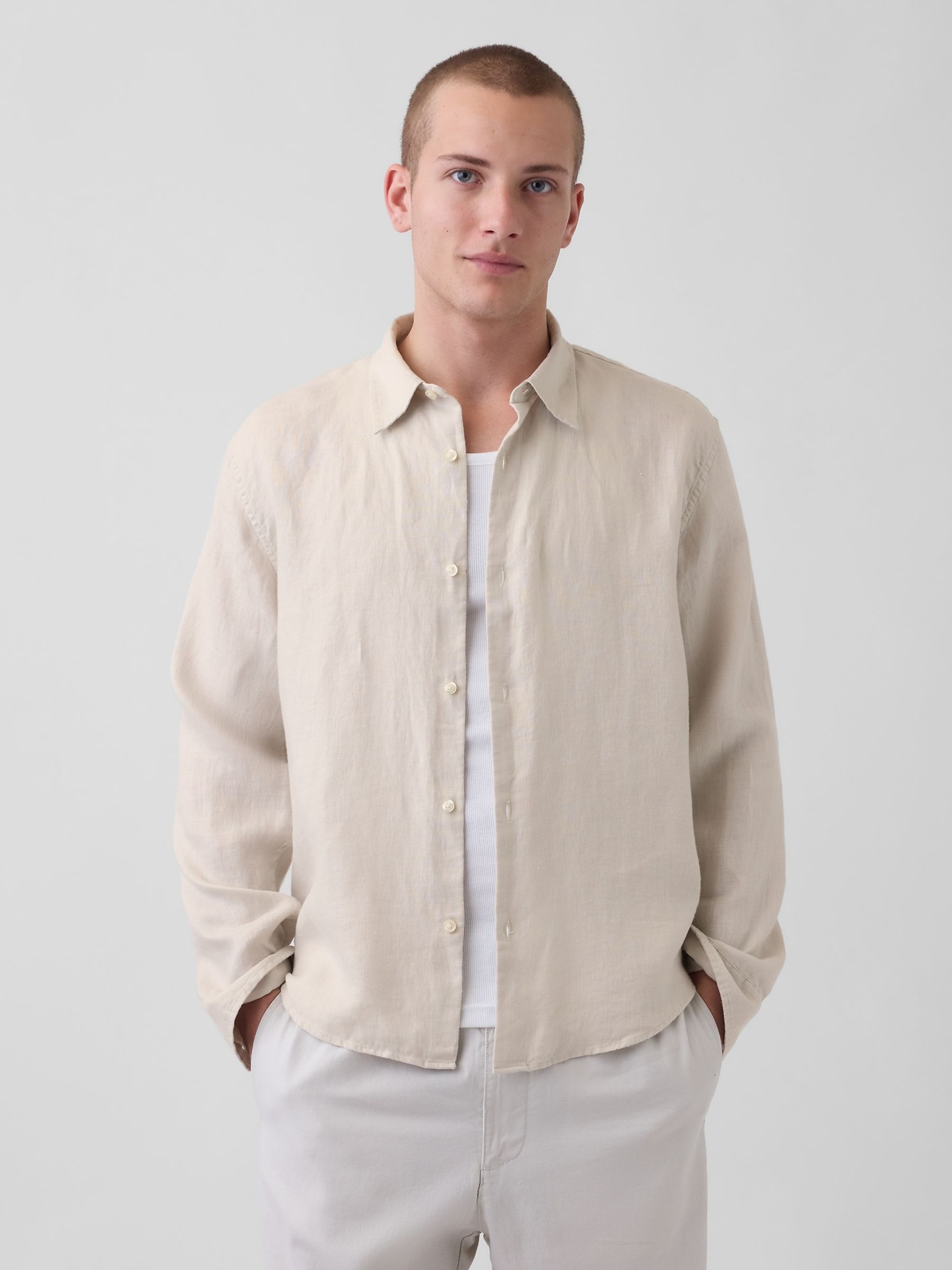 Beige Linen Relaxed Shirt - Image 1 of 4 Beige Linen Relaxed Shirt - Image 1 of 4
