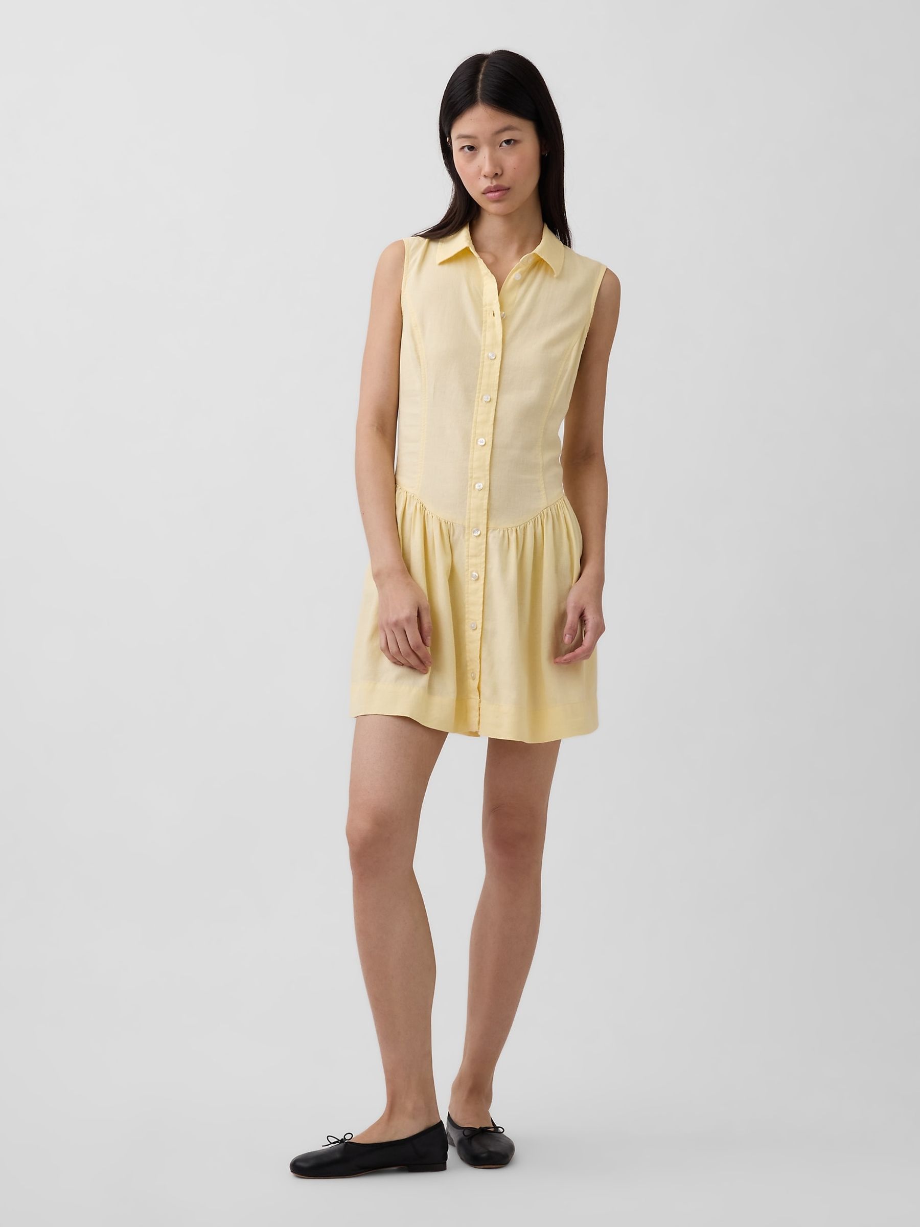 Yellow Linen-Blend Drop-Waist Mini Shirt dress - Image 1 of 4