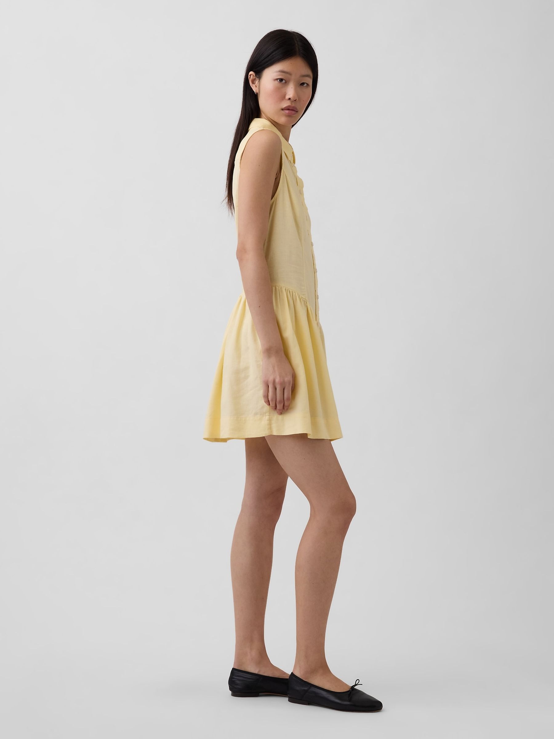 Yellow Linen-Blend Drop-Waist Mini Shirt dress - Image 3 of 4