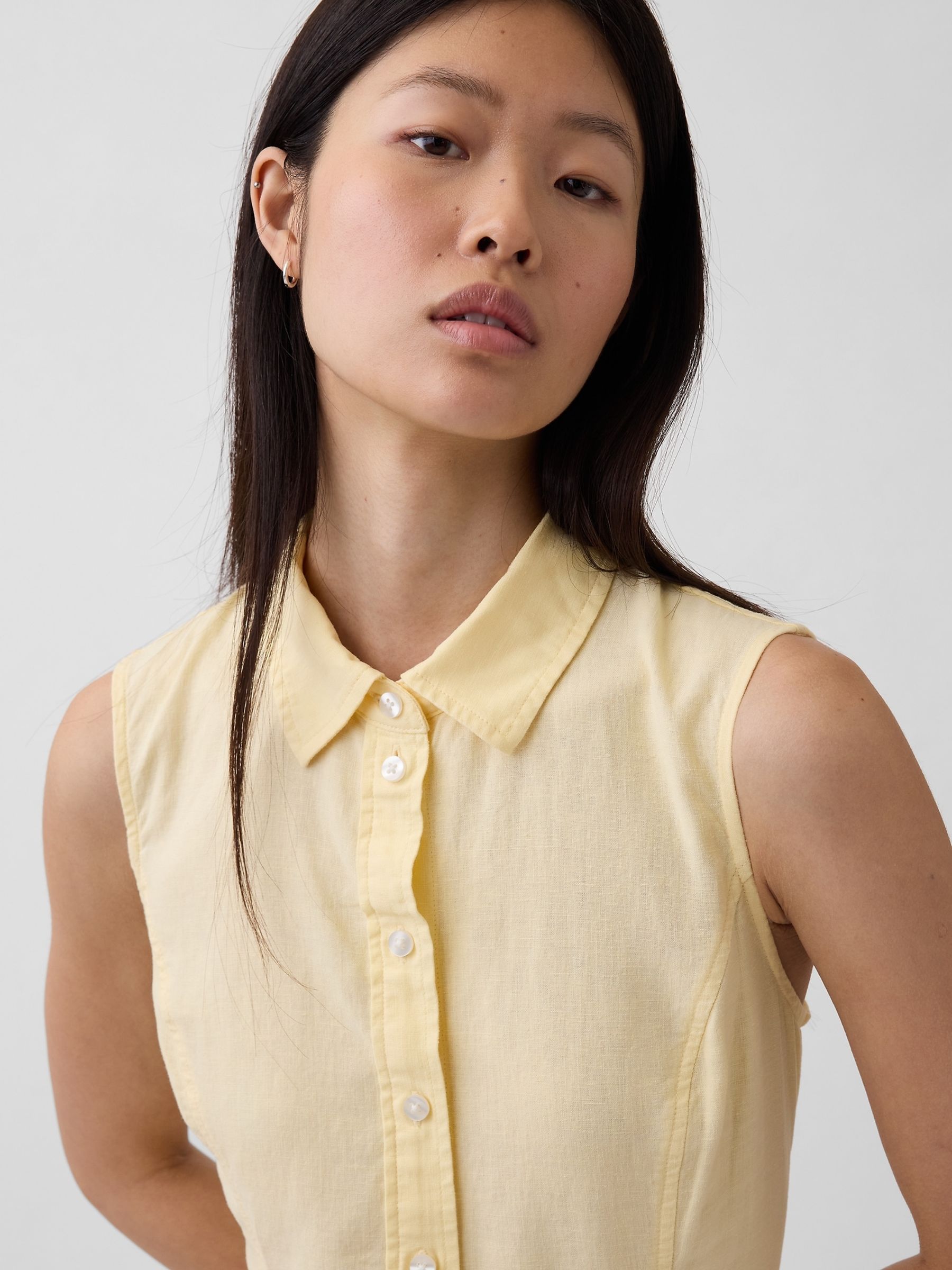 Yellow Linen-Blend Drop-Waist Mini Shirt dress - Image 4 of 4