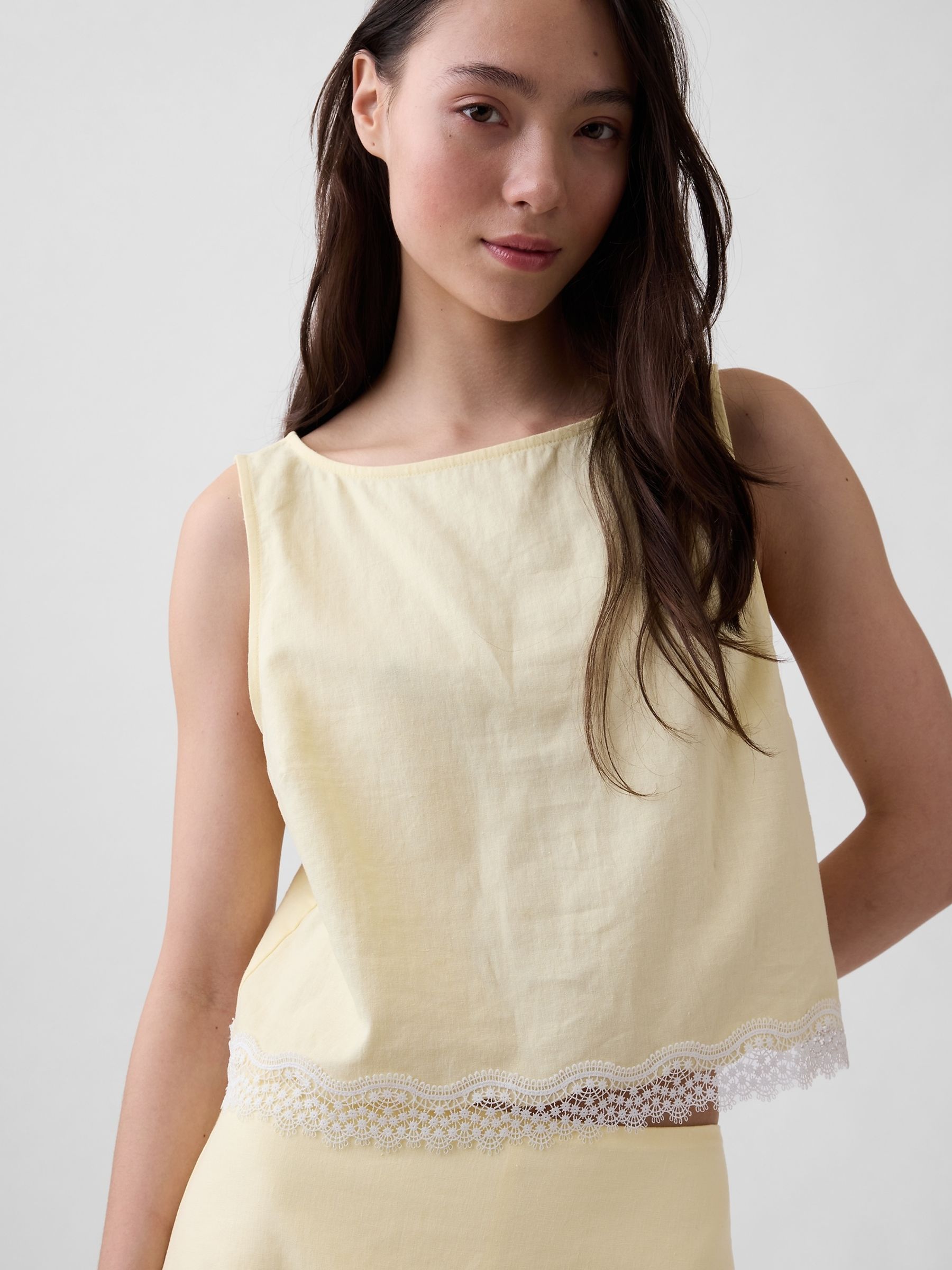 Yellow Linen-Blend Lace-Hem Crop Shell Top - Image 1 of 4
