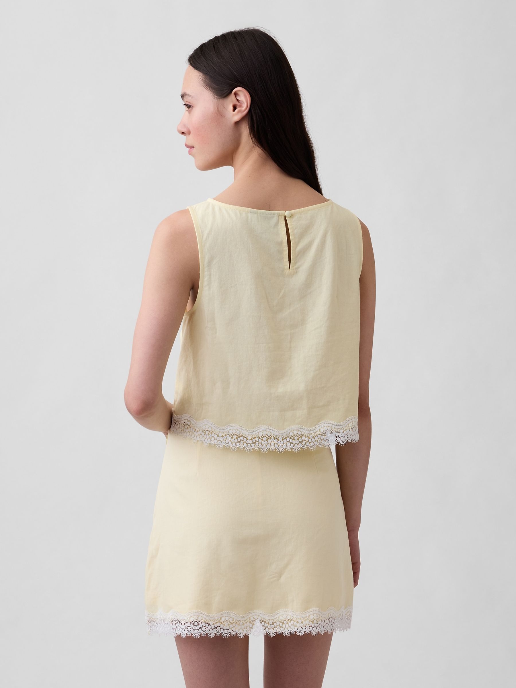 Yellow Linen-Blend Lace-Hem Crop Shell Top - Image 2 of 4