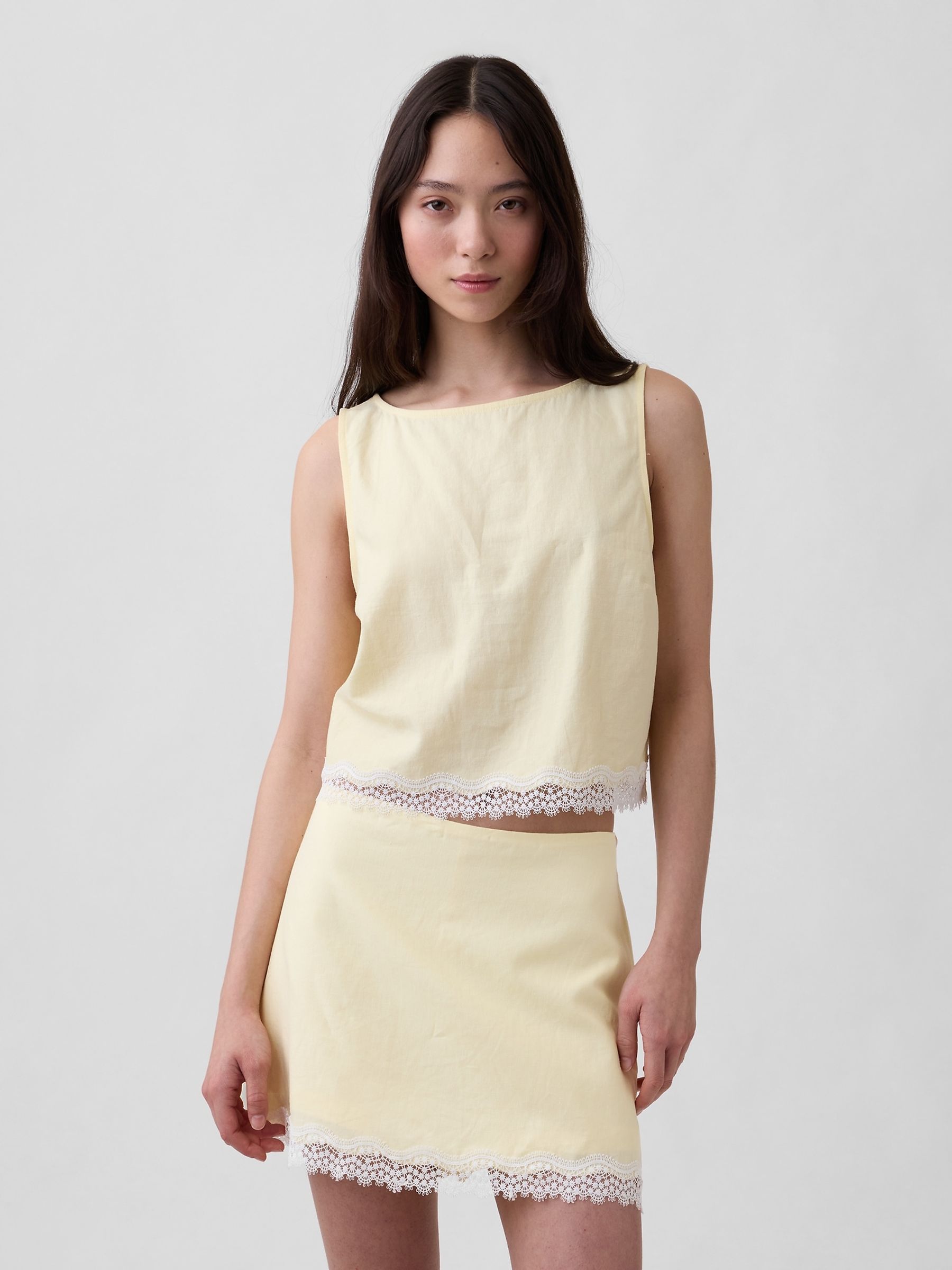 Yellow Linen-Blend Lace-Hem Crop Shell Top - Image 3 of 4