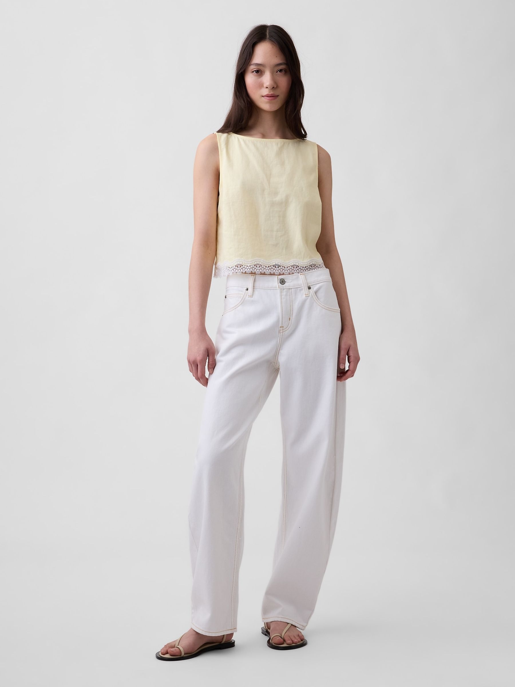 Yellow Linen-Blend Lace-Hem Crop Shell Top - Image 4 of 4