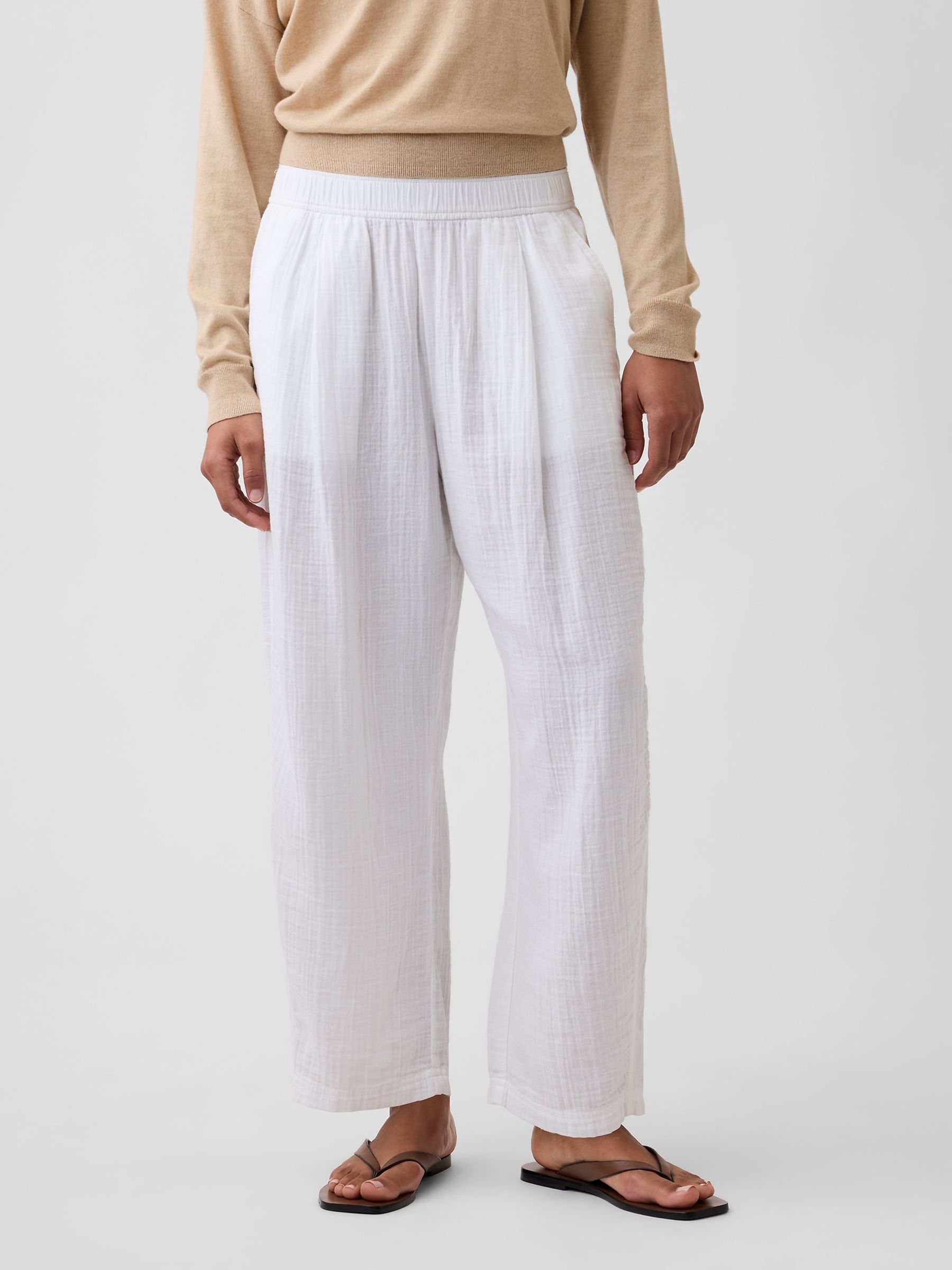White Mid Rise Pull On Barrel Gauze Trousers - Image 1 of 6