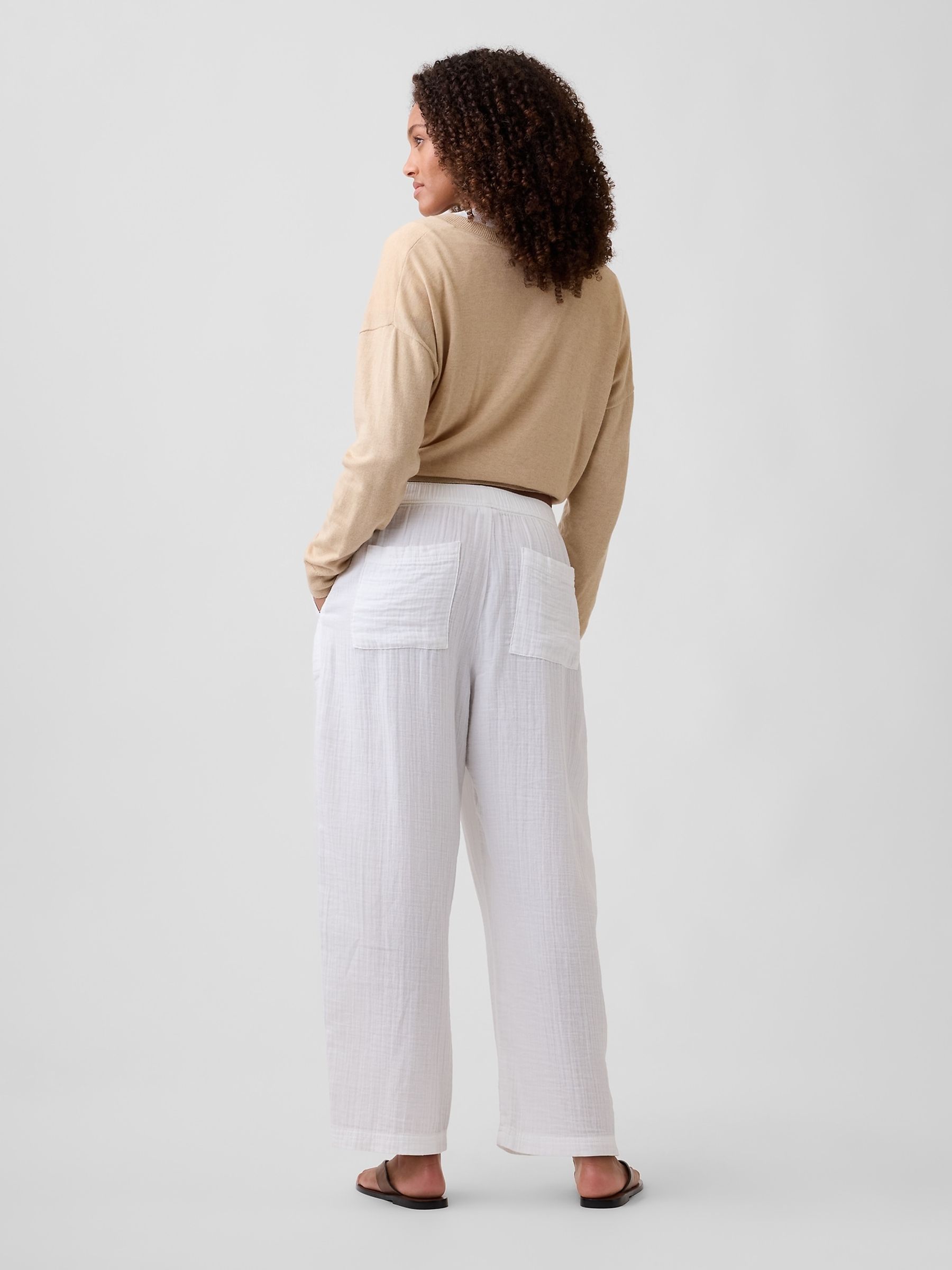 White Mid Rise Pull On Barrel Gauze Trousers - Image 2 of 6 White Mid Rise Pull On Barrel Gauze Trousers - Image 2 of 6
