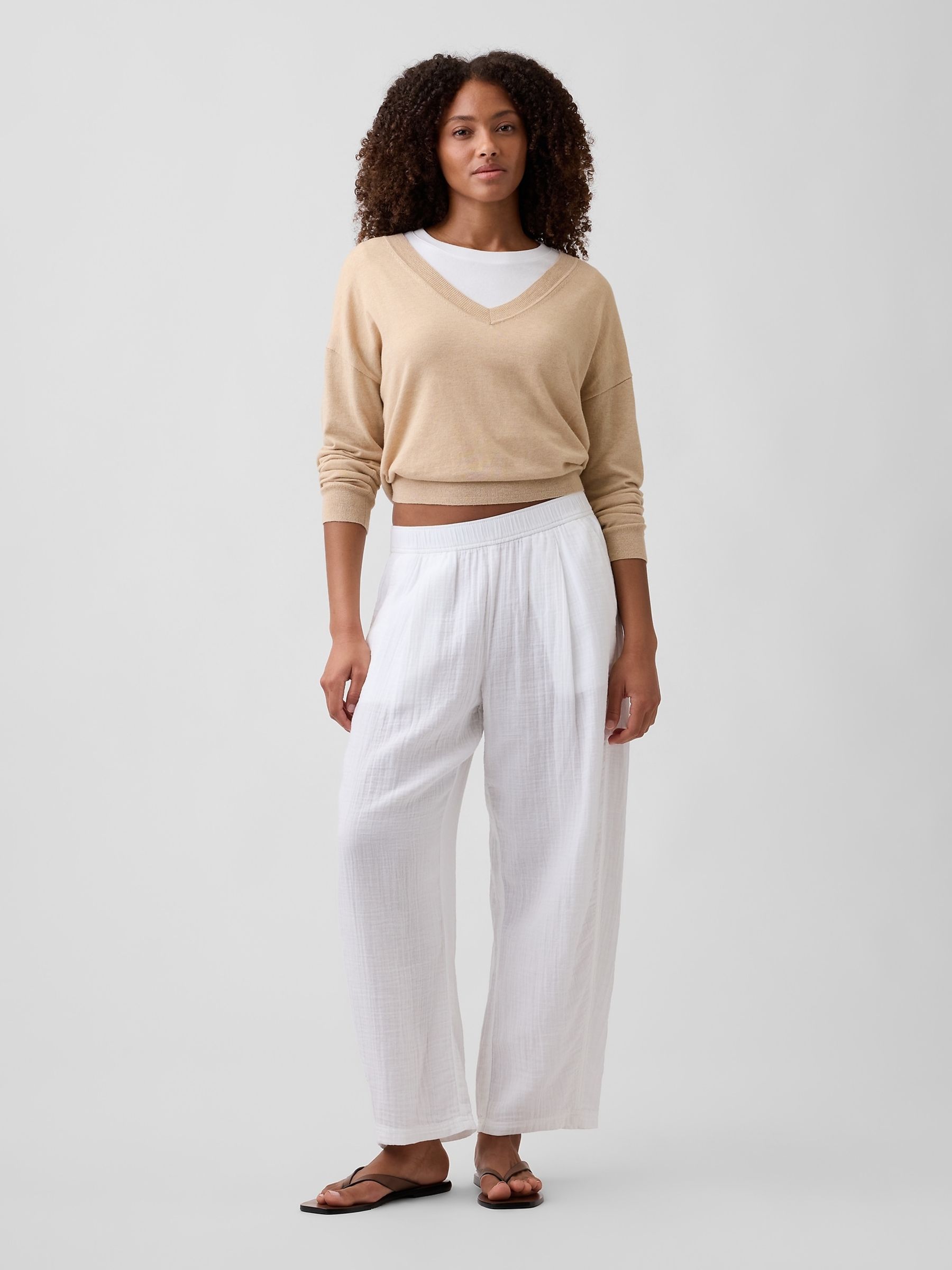 White Mid Rise Pull On Barrel Gauze Trousers - Image 3 of 6