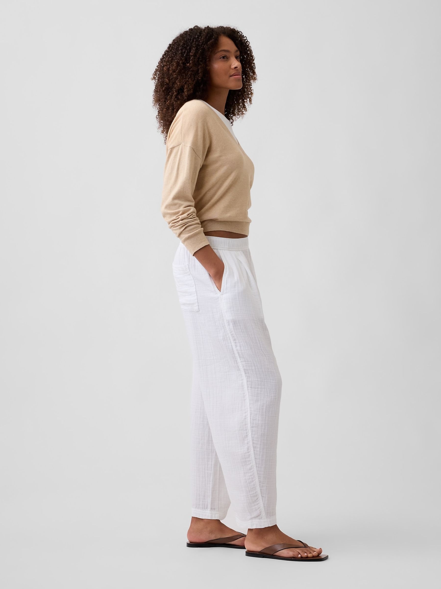 White Mid Rise Pull On Barrel Gauze Trousers - Image 4 of 6