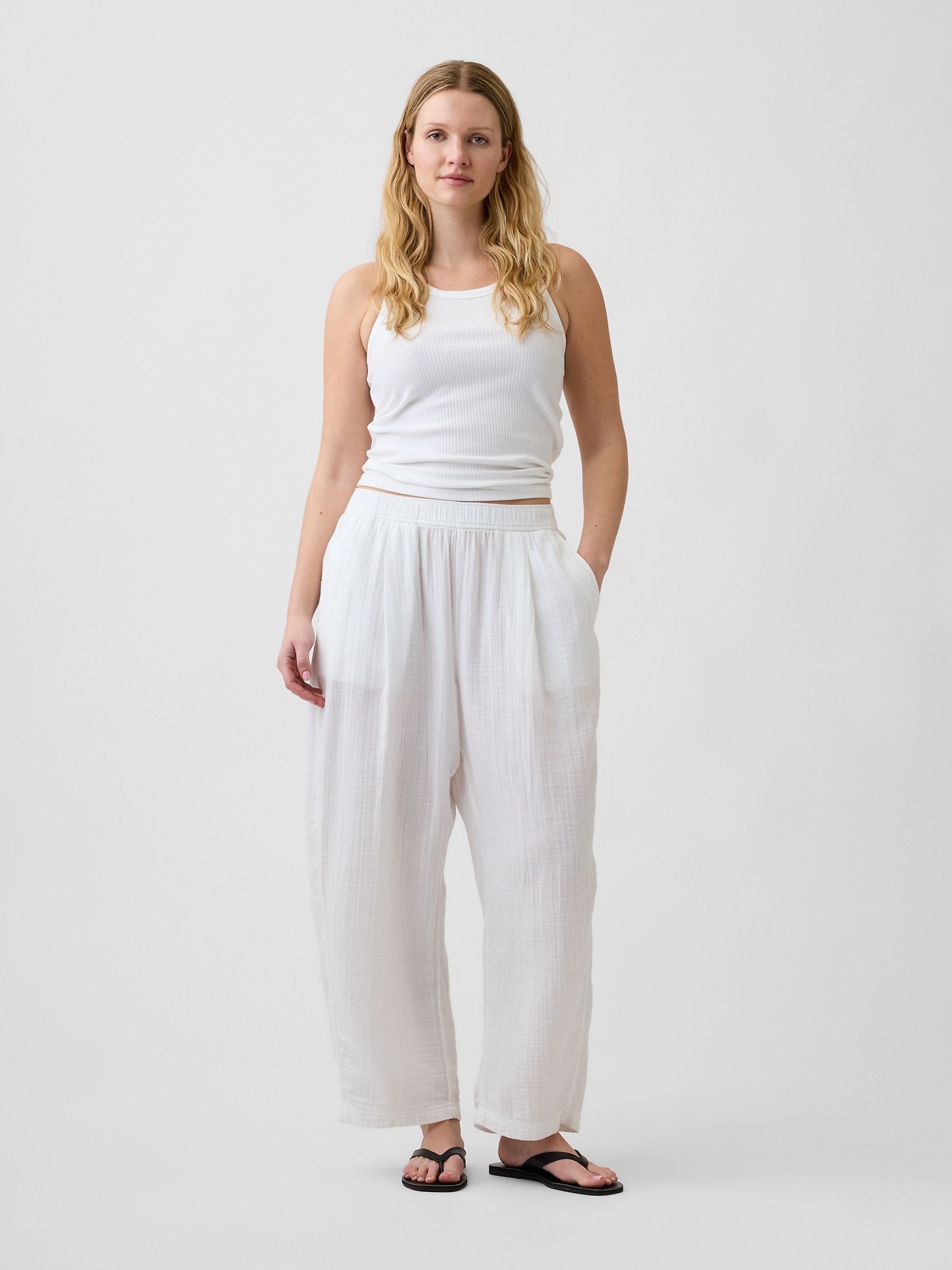 White Mid Rise Pull On Barrel Gauze Trousers - Image 5 of 6