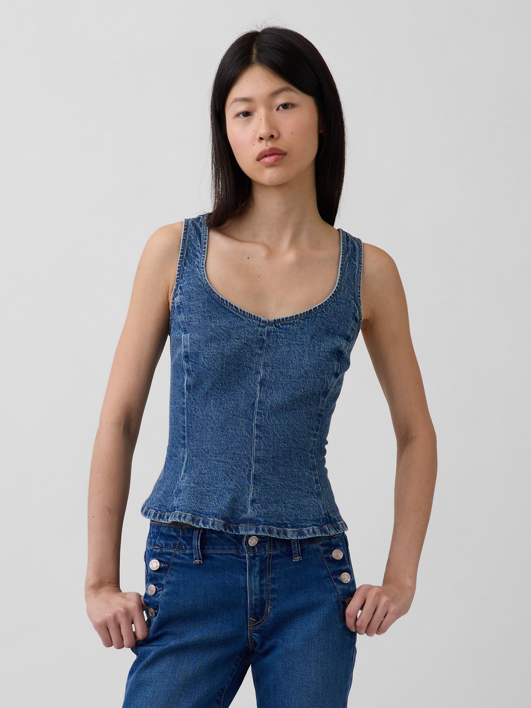 Medium Wash Denim Fitted Peplum Top - Image 1 of 5 Medium Wash Denim Fitted Peplum Top - Image 1 of 5