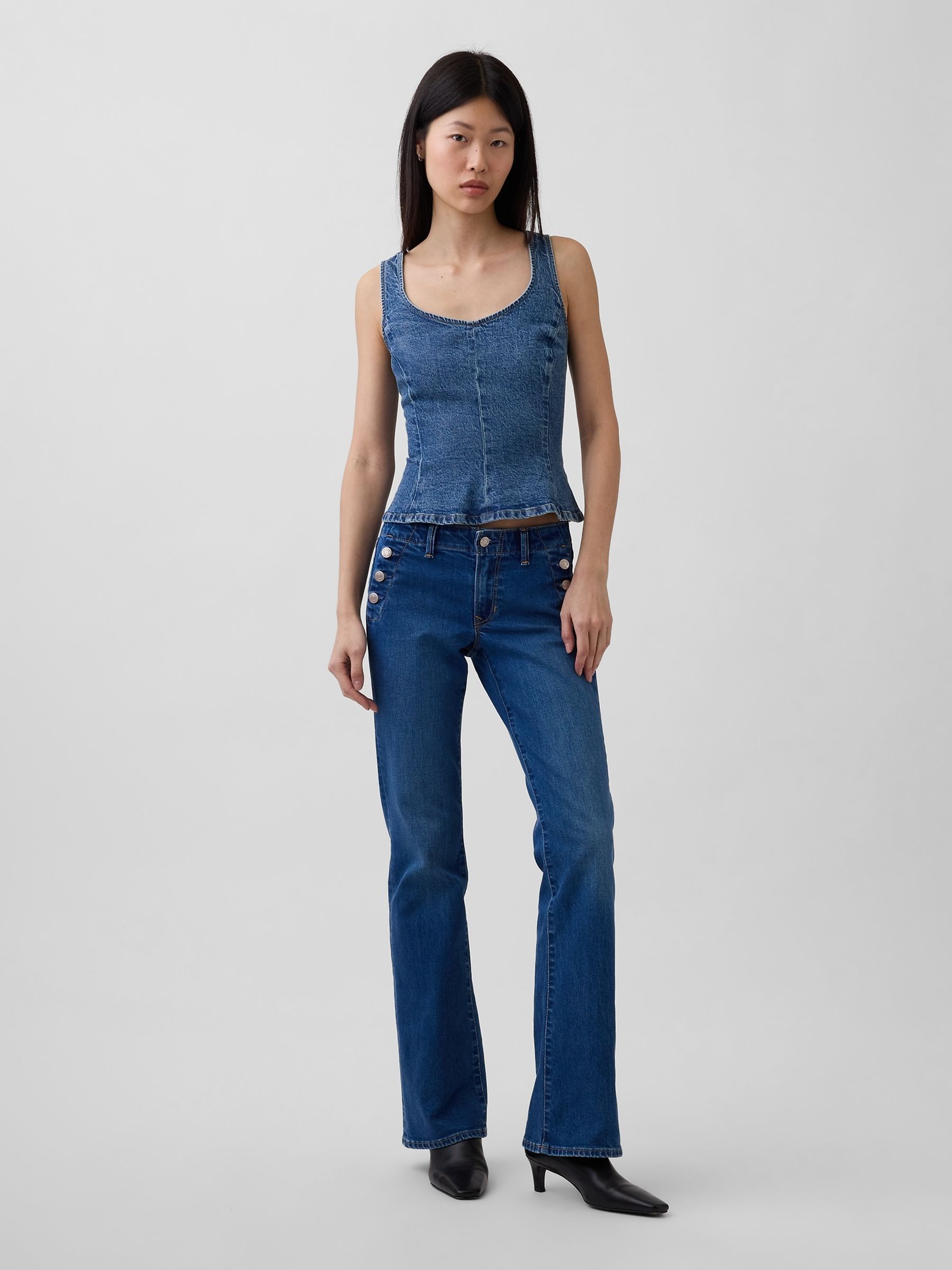 Medium Wash Denim Fitted Peplum Top - Image 3 of 5