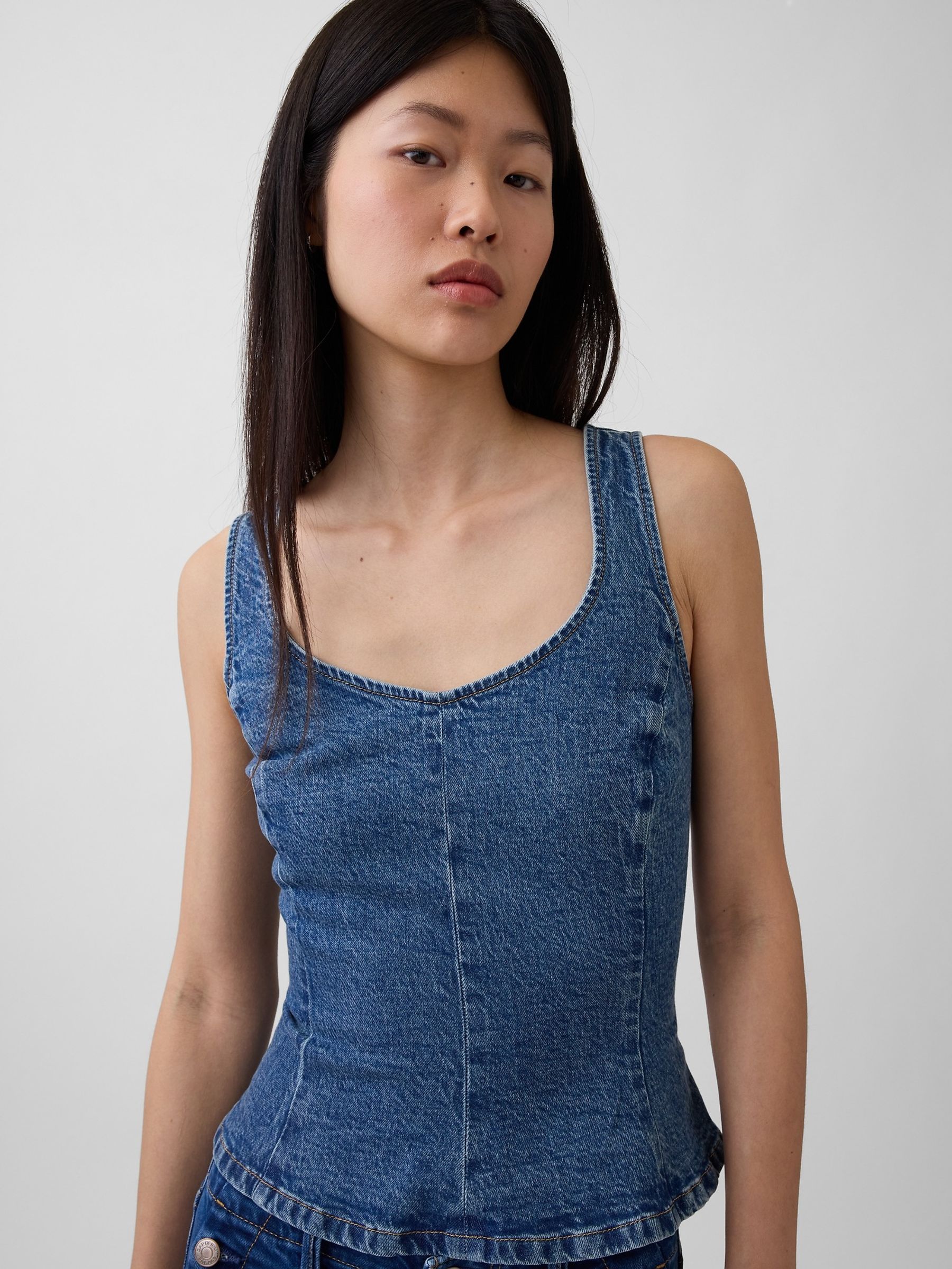 Medium Wash Denim Fitted Peplum Top - Image 4 of 5