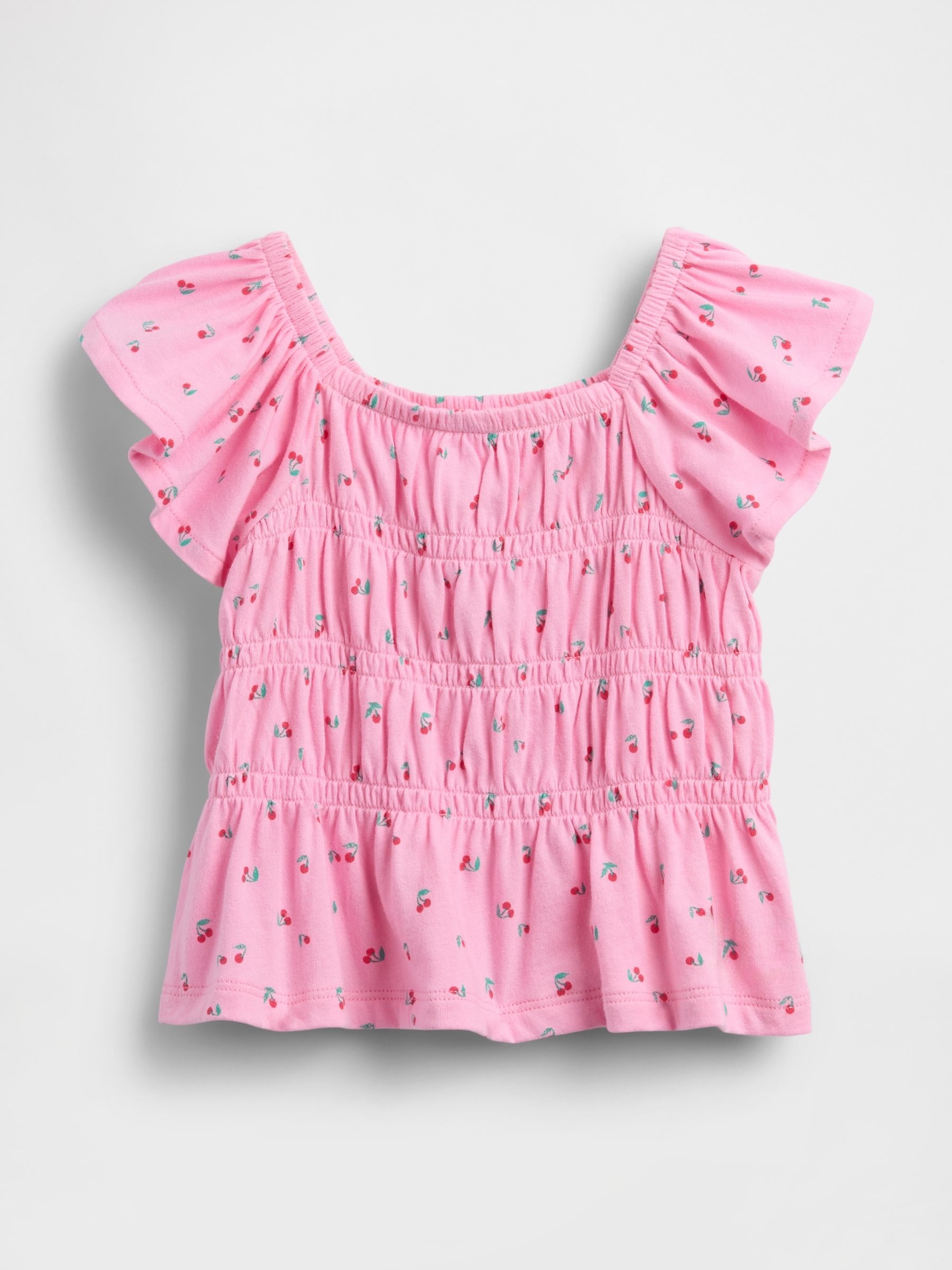 Pink Cherry Smocked Flutter-Sleeve Top - Image 1 of 2