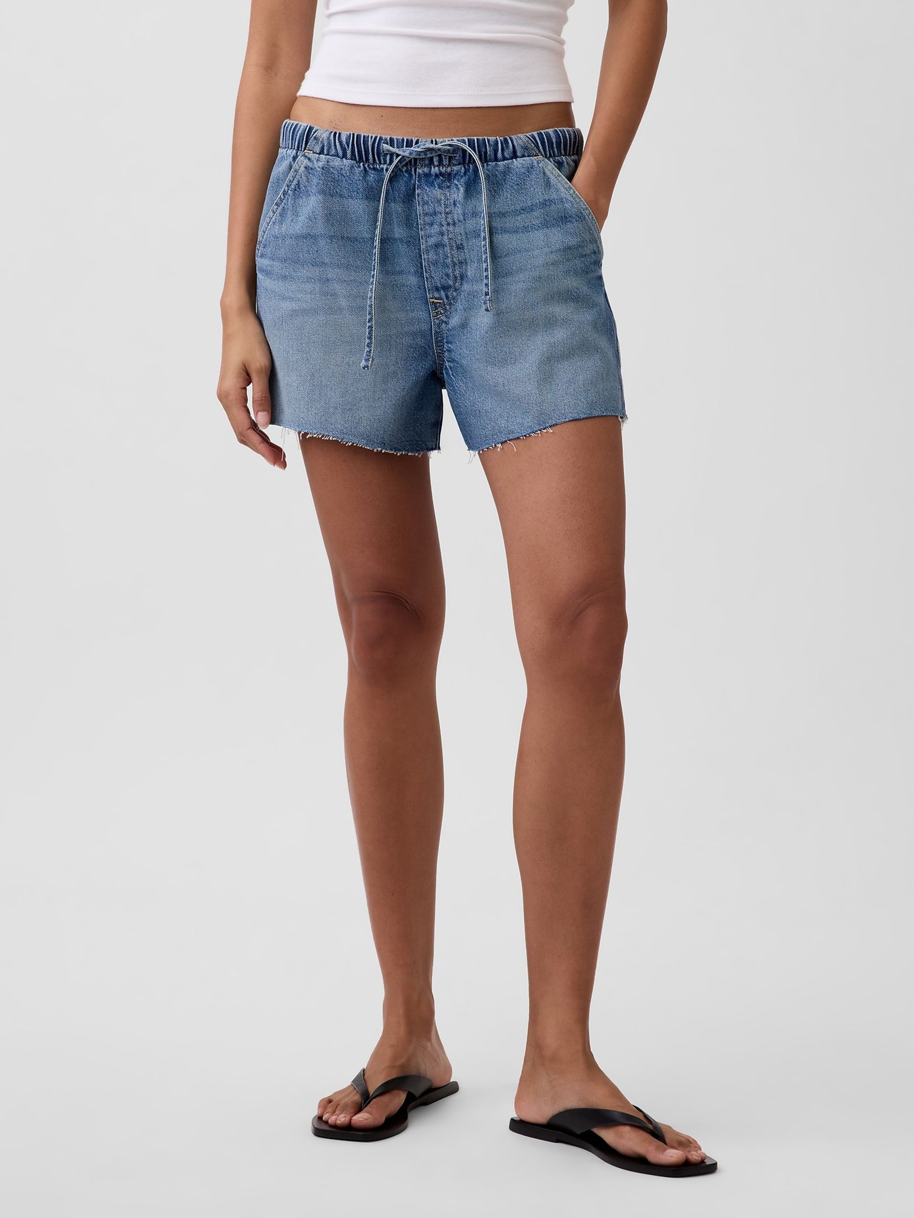 Meidum wash Low Slung Easy Denim Shorts - Image 1 of 4